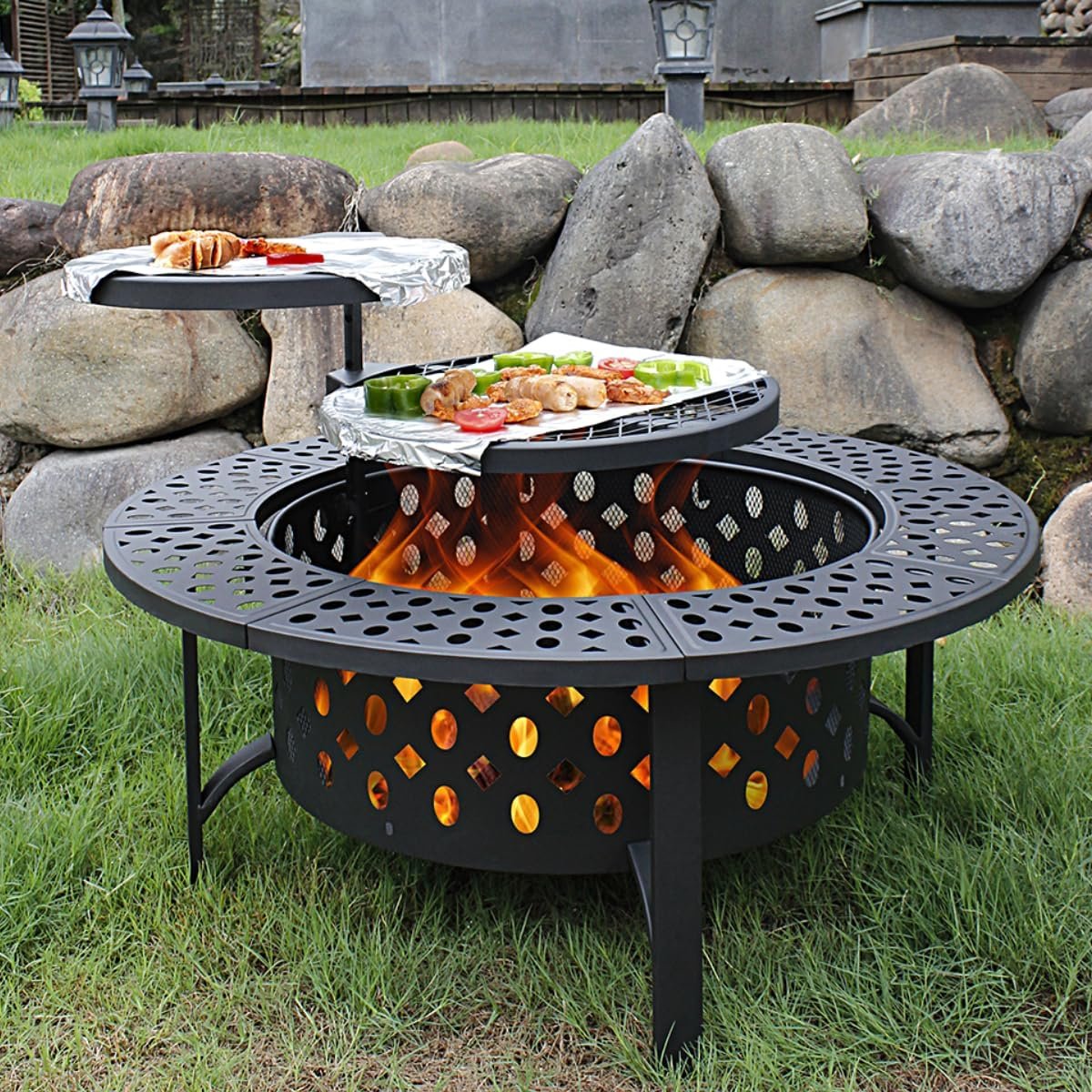 OutVue 36 Inch Fire Pit with 2 Grills,Wood Burning Fire Pits for Outside | Fire Pit with Lid, Poker & Round Waterproof Cover, BBQ& Outdoor Firepit & Round Metal Table 3 in 1 for Patio, Picnic, Party