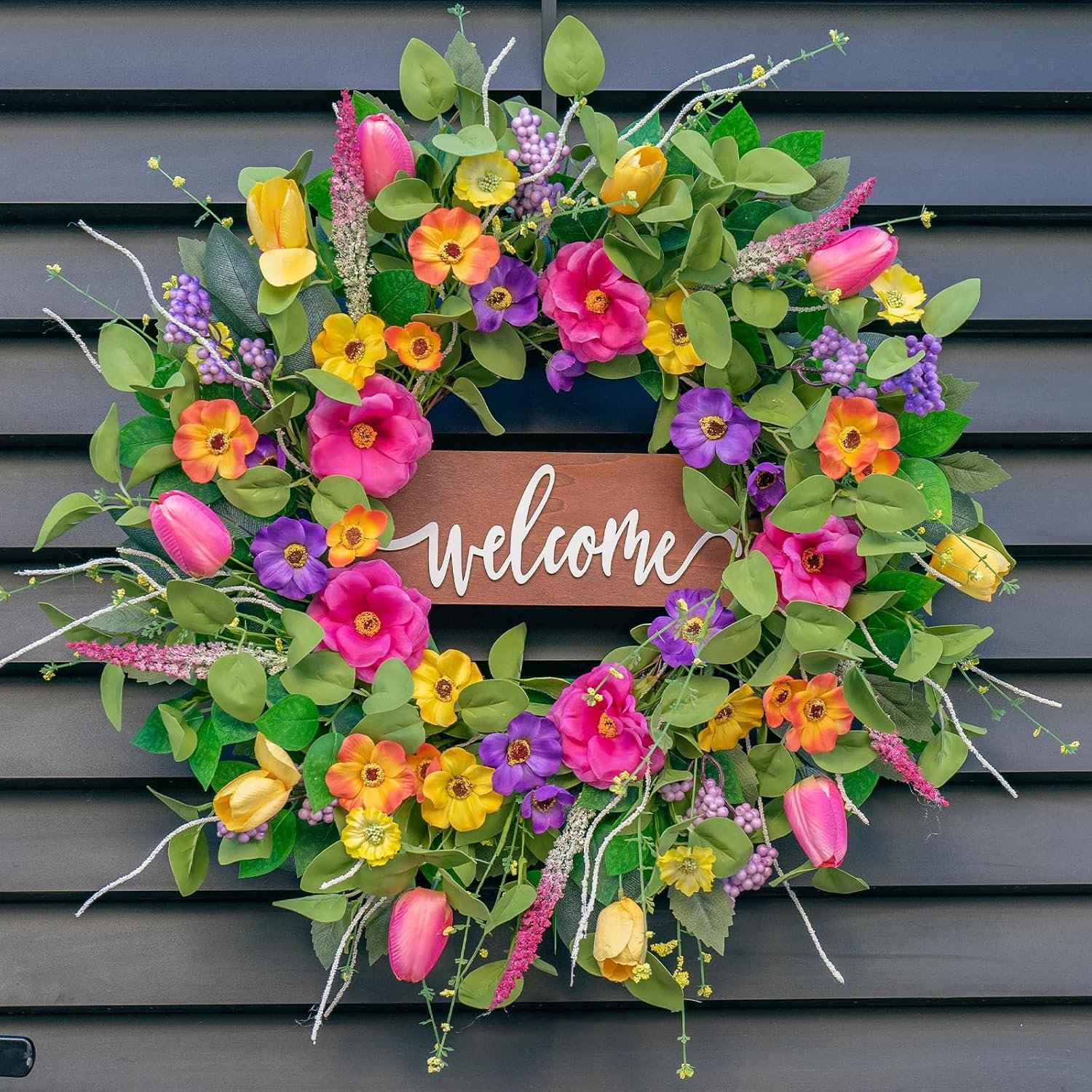 Pinkpuii Spring Wreaths for Front Door Outside – 24 Inch Artificial Tulip & Wildflower Summer Wreath with Green Eucalyptus Leaves and Welcome Sign- Indoor Outdoor Farmhouse Home Porch Wall Decor