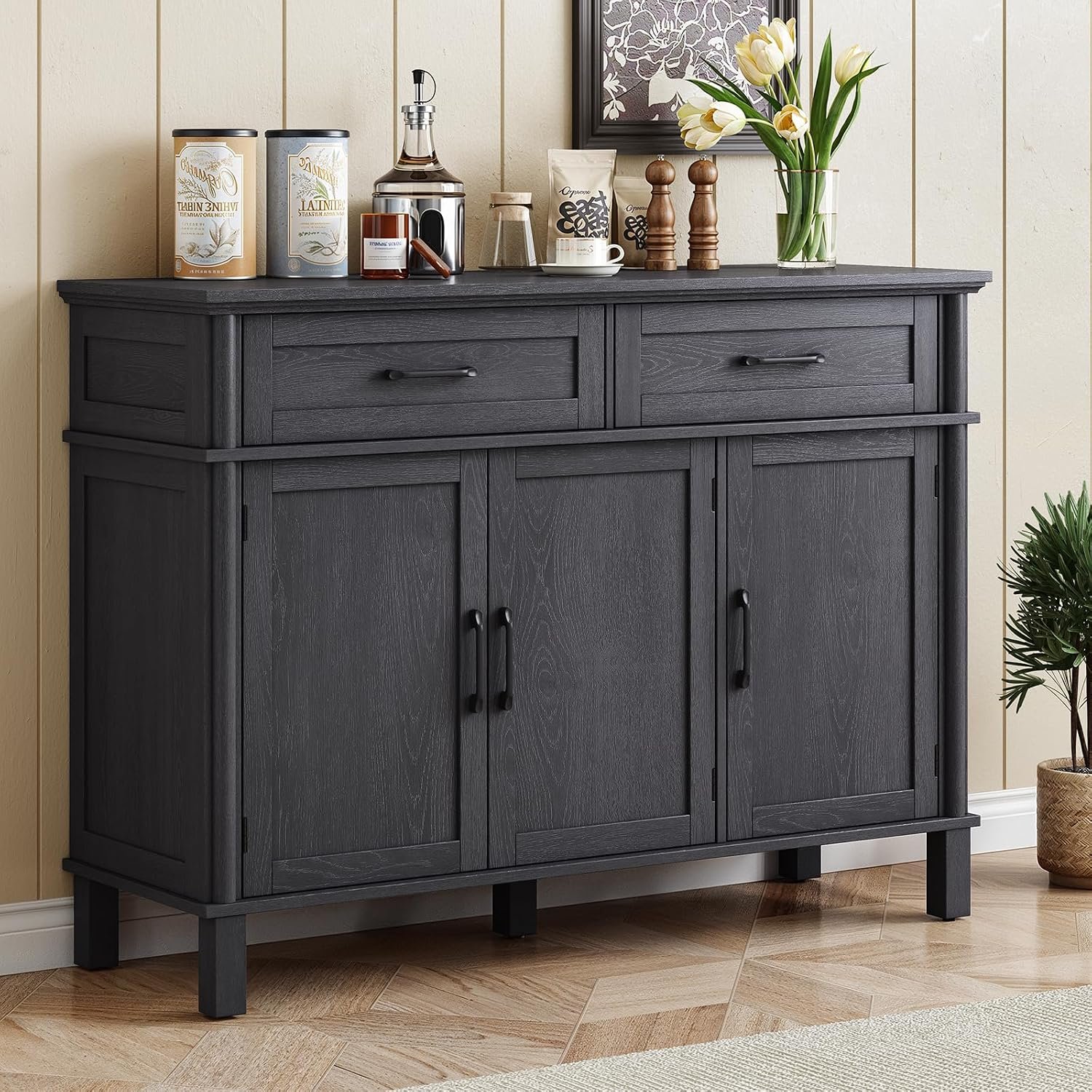 48 Inches Buffet Cabinet with Storage, Farmhouse Sideboard Buffet w/2 Drawers and 3 Doors, Wood Coffee Bar Cabinet with Adjustable Shelves, Sideboard Storage for Kitchen, Living Room, Black
