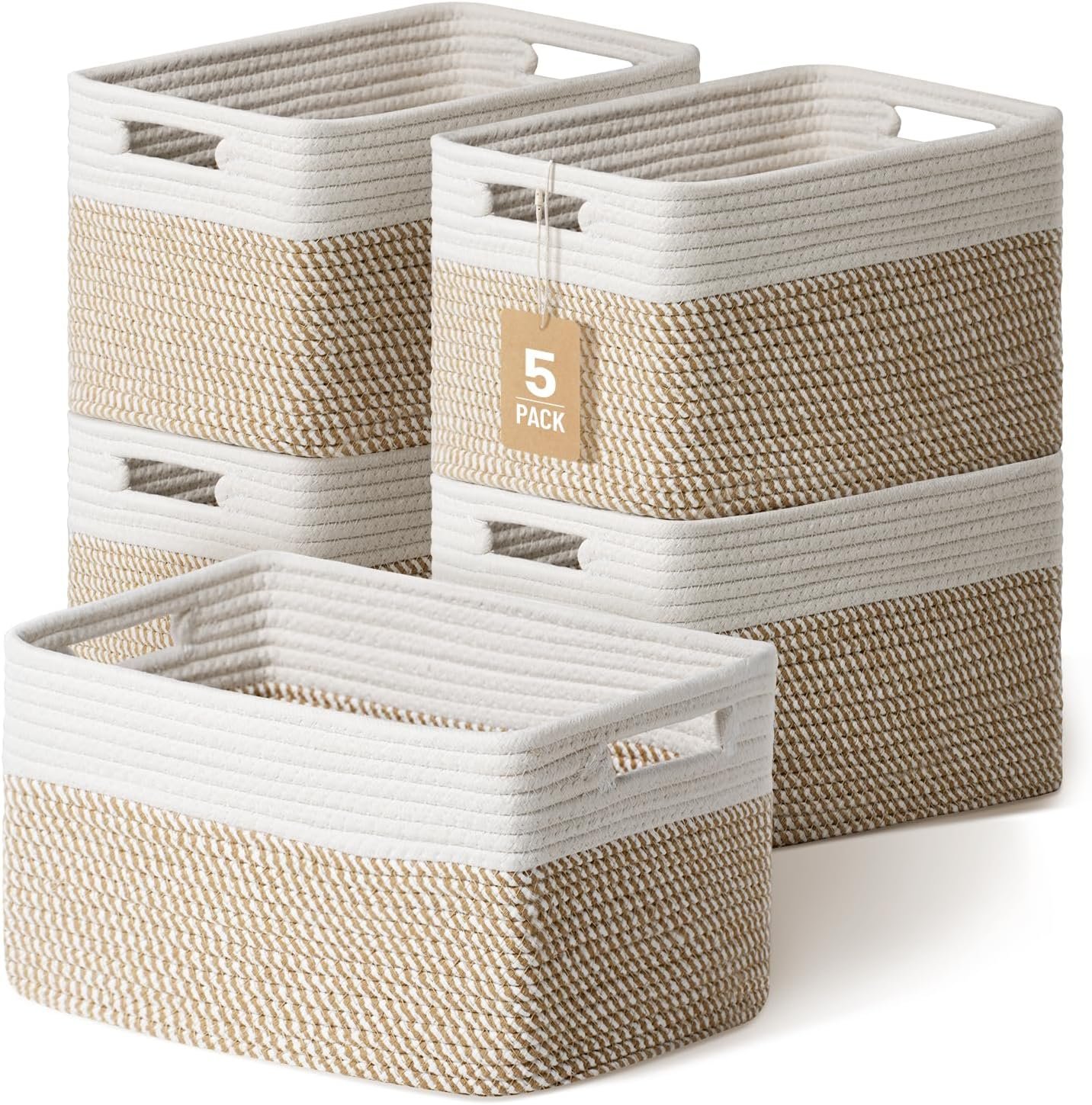 5 Pack Woven Storage Baskets, Decorative Storage Bins for Organizing | 13.8” × 9.8” × 7.9”, Cotton Rope Basket Organizer for Closet, Shelves, bathroom, Nursery, Toys, Books, Pantry, Khaki/White