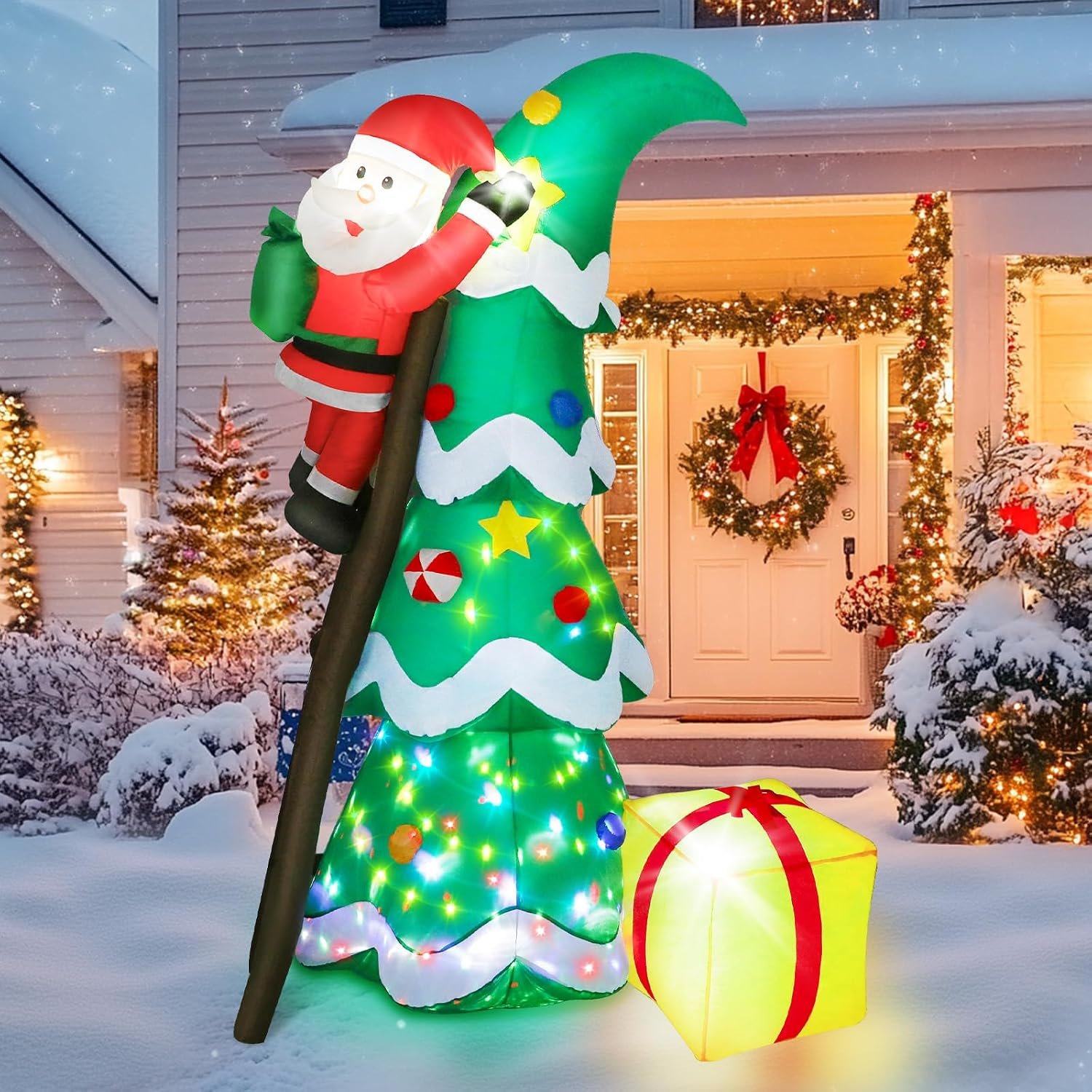 7 FT Lighted Christmas Tree Inflatable with Santa Climbing, Waterproof Xmas Décor with Gift Box, and Kaleidoscope LED Blow Up Holiday Decoration for Outdoor Yard, Lawn & Garden