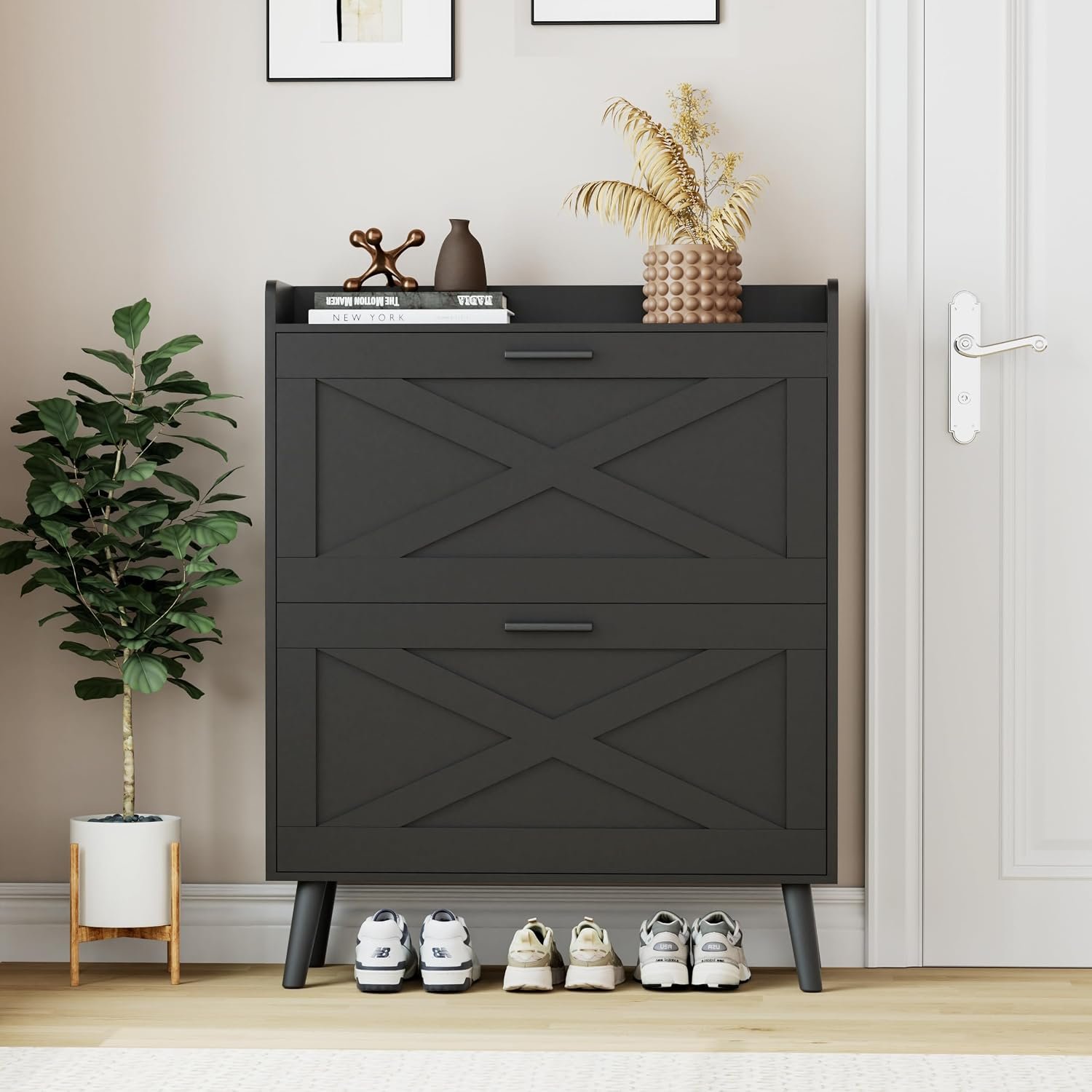 Homleke Farmhouse Shoe Storage Cabinet with Flip Drawers & Barn Door Design | Slim Narrow Shoe Rack Cabinet with Adjustable Shelves & Hidden Storage for Entryway, Foyer, Hallway, Living Room, Black
