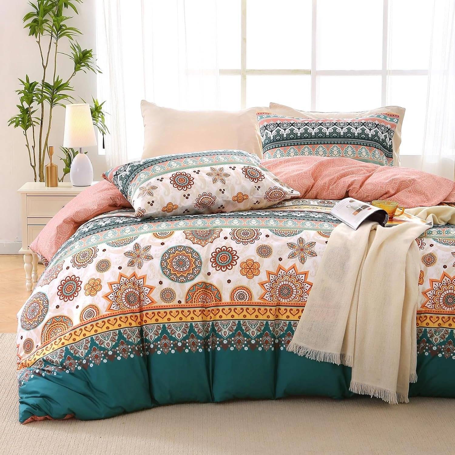 MUXHOMO Duvet Cover King Size, Reversible Floral Boho Flower Duvet Cover Set with Zipper Closure, 3 Pieces Botanical Patterns Soft Microfiber Bedding Set with 4 Ties (104″x90″, 2 Pillow Cases)