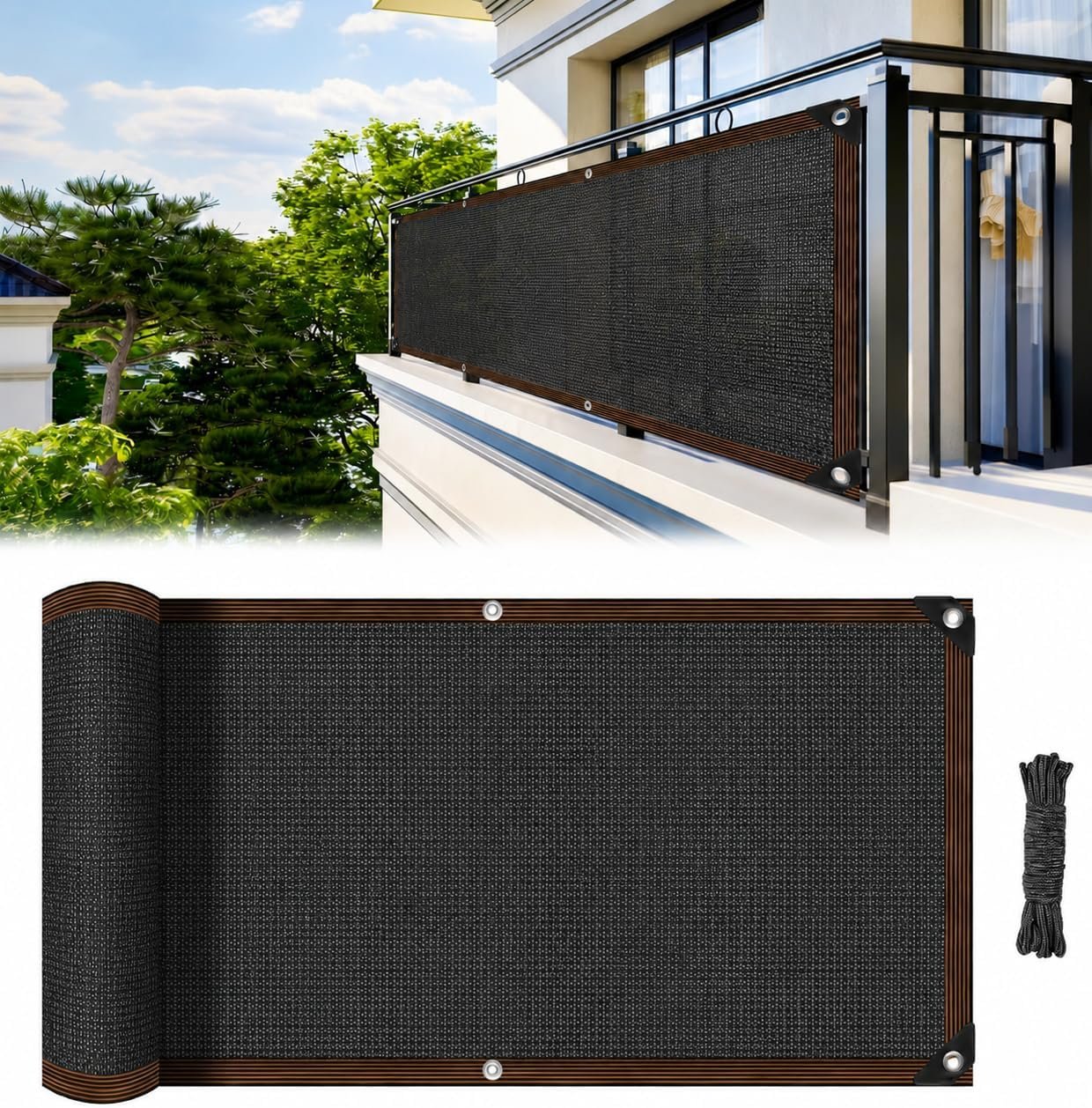 RAINFLOW Balcony Privacy Screen – Patio Privacy Screen 3×10 FT Black Mesh | Plastic Mesh Fence Cover for Apartments, Balcony Cover, Patio Decor, Deck, Porch, Backyard, Pool, Wall, Outdoor Shade Panels