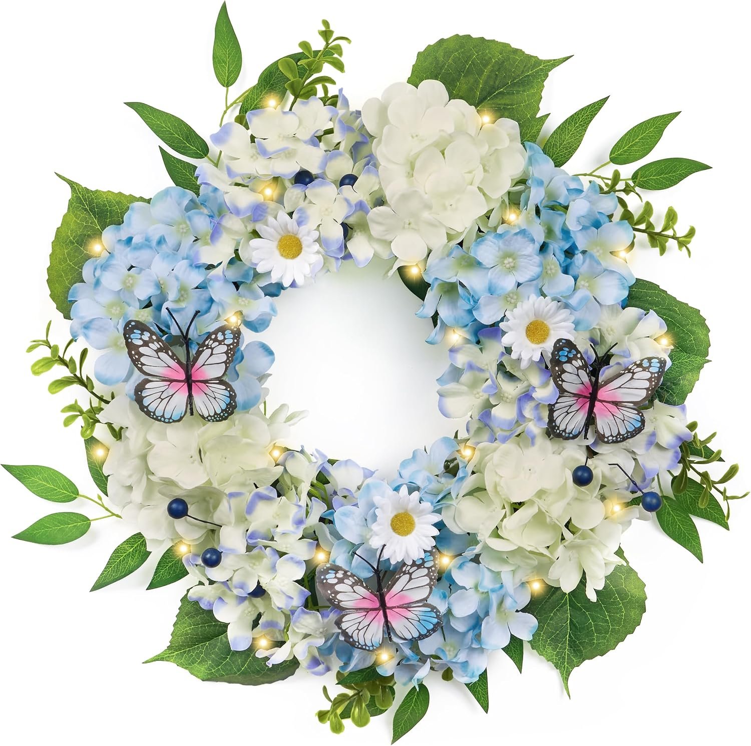 Valery Madelyn 18″ Hydrangeas Spring Summer Wreaths for Front Door | Silk Blue White Floral Wreath with Light Eucalyptus Leaves Butterfly for Home Porch Window Wedding Arch Decor