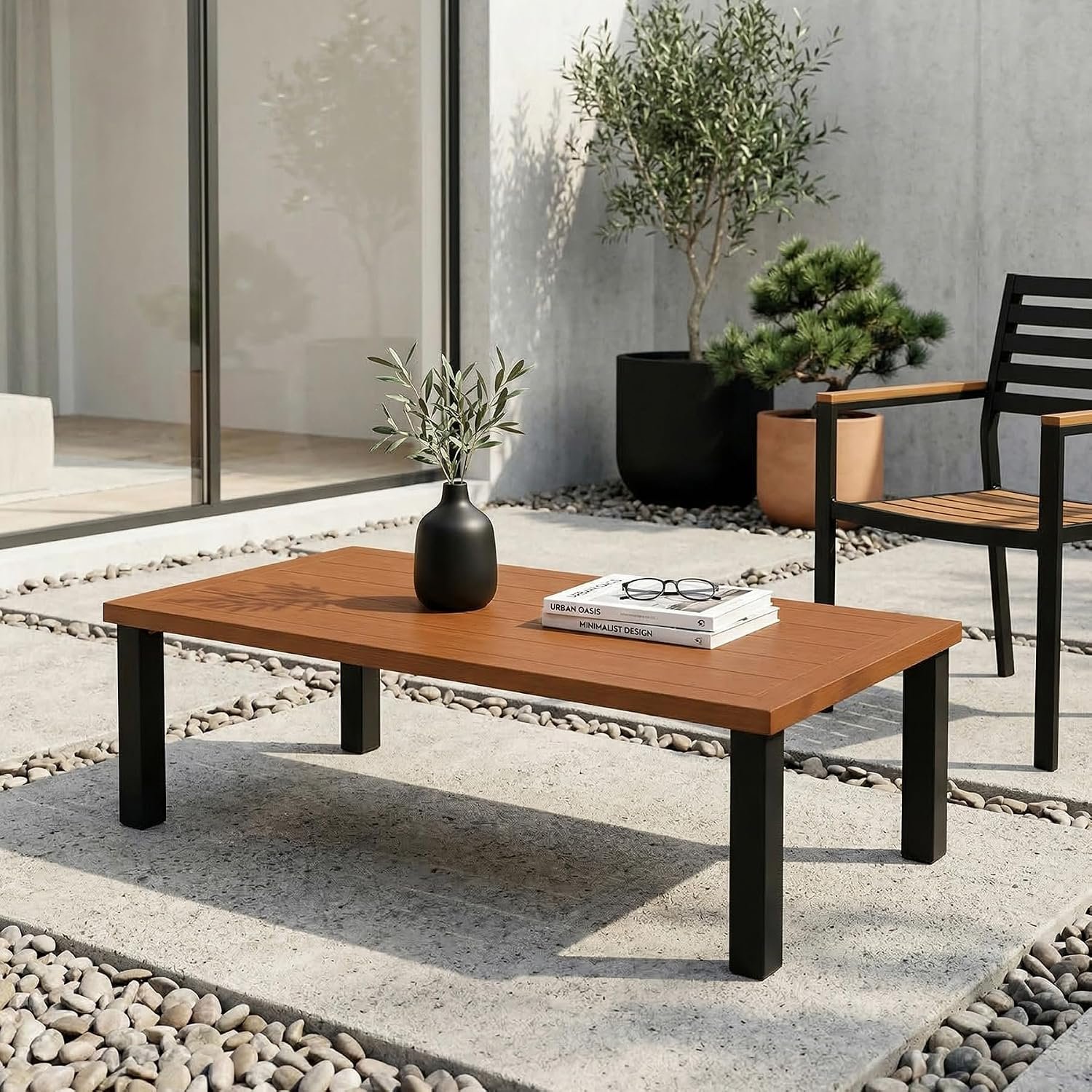 Tribesigns Outdoor Coffee Table with Metal Tabletop, 47” Modern Patio Coffee Table with Sturdy Metal Legs, Weather-Resistant Patio Table for Backyard, Porch, Poolside, Garden, Balcony, Teak Color