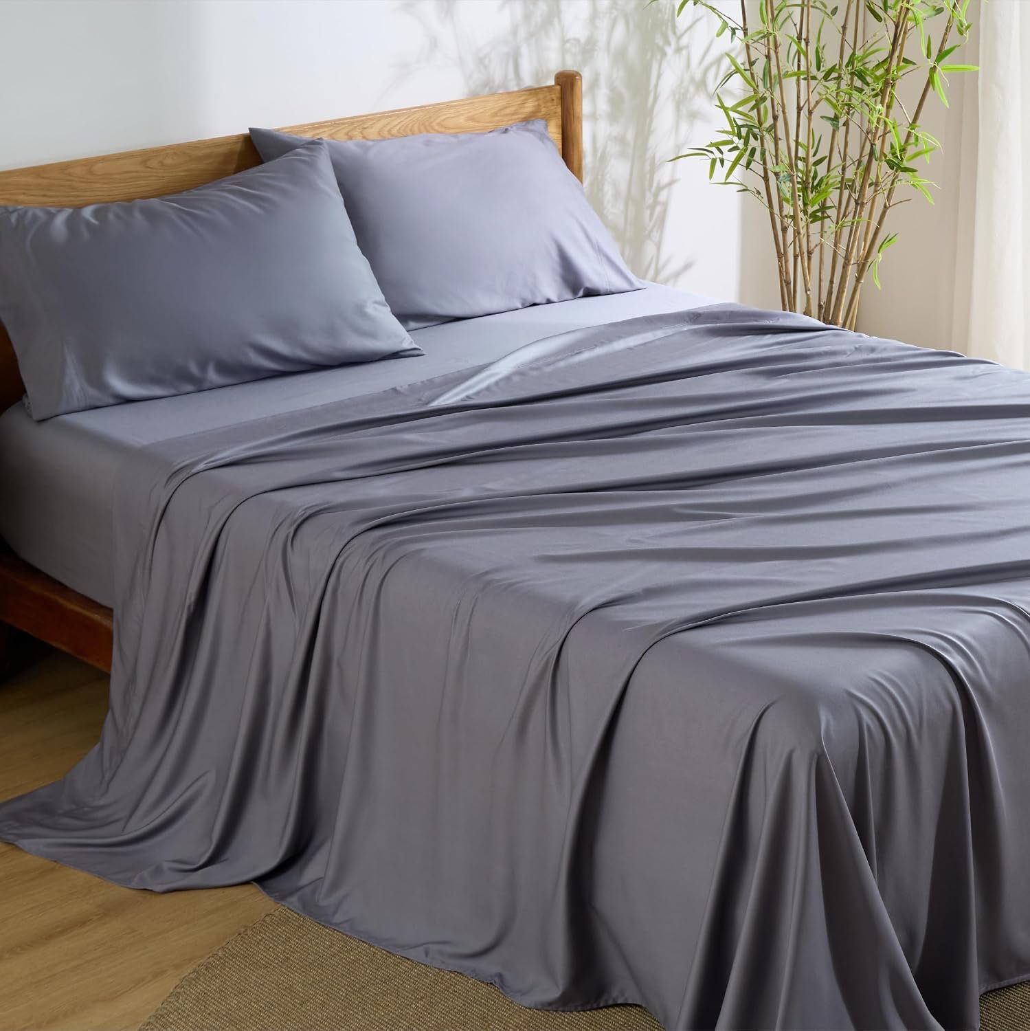 Bedsure PureWoven 100% Rayon Derived from Bamboo, King Size Sheets Set | Cooling Sheets for Hot Sleepers, Breathable & Silky Soft, 16″ Deep Pocket, Hotel Luxury Bedding, Dark Grey