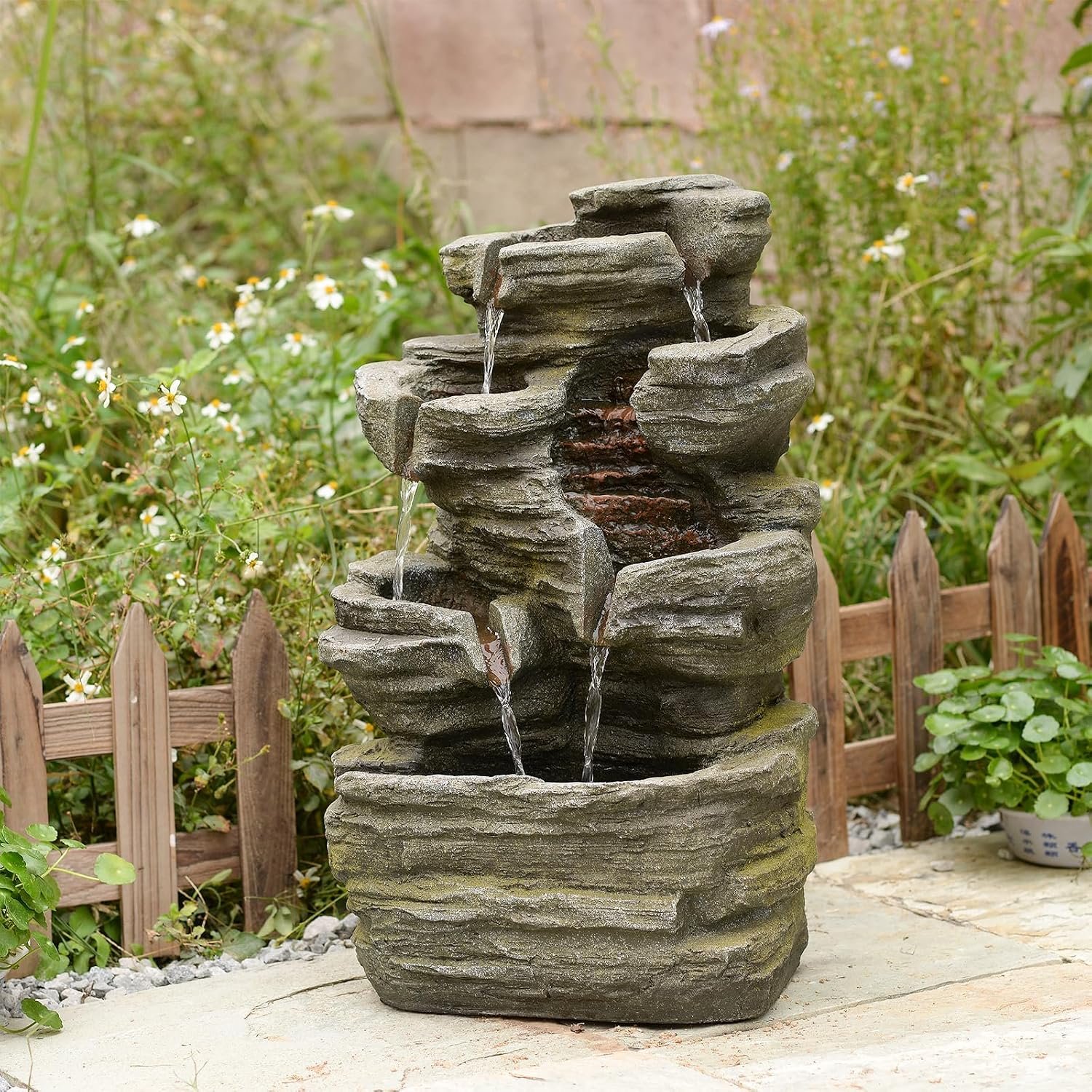 Bumilgar 6-Tier Stacked Rock Waterfall Fountain with LEDs 24.4 in | Layered water flow creates a calming focal point for patios, garden borders, decks, and entryways