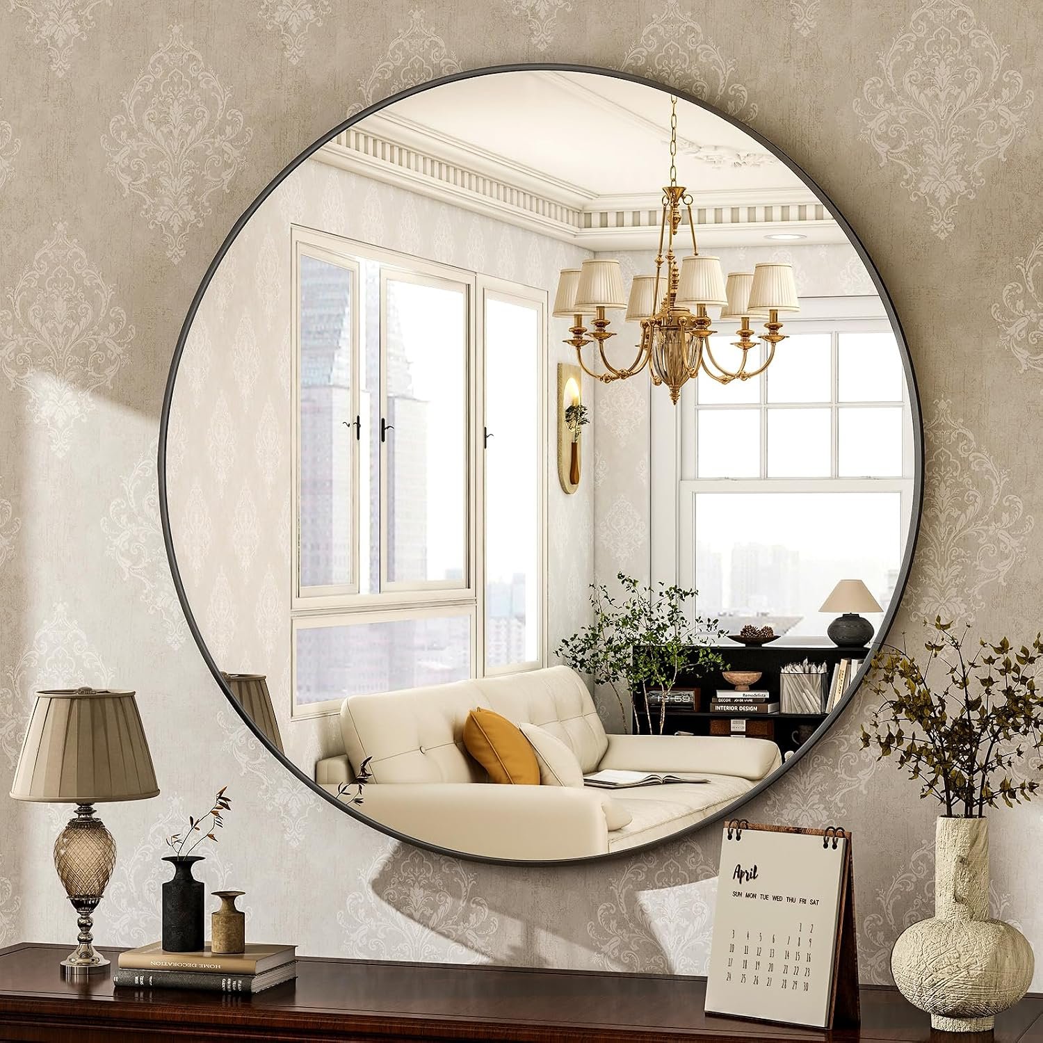HARRITPURE 24 Inch Round Mirror Black Circle Bathroom Mirror | Modern Aluminum Alloy Frame Wall Mounted Vanity Mirror for Living Room, Bedroom, Entryway