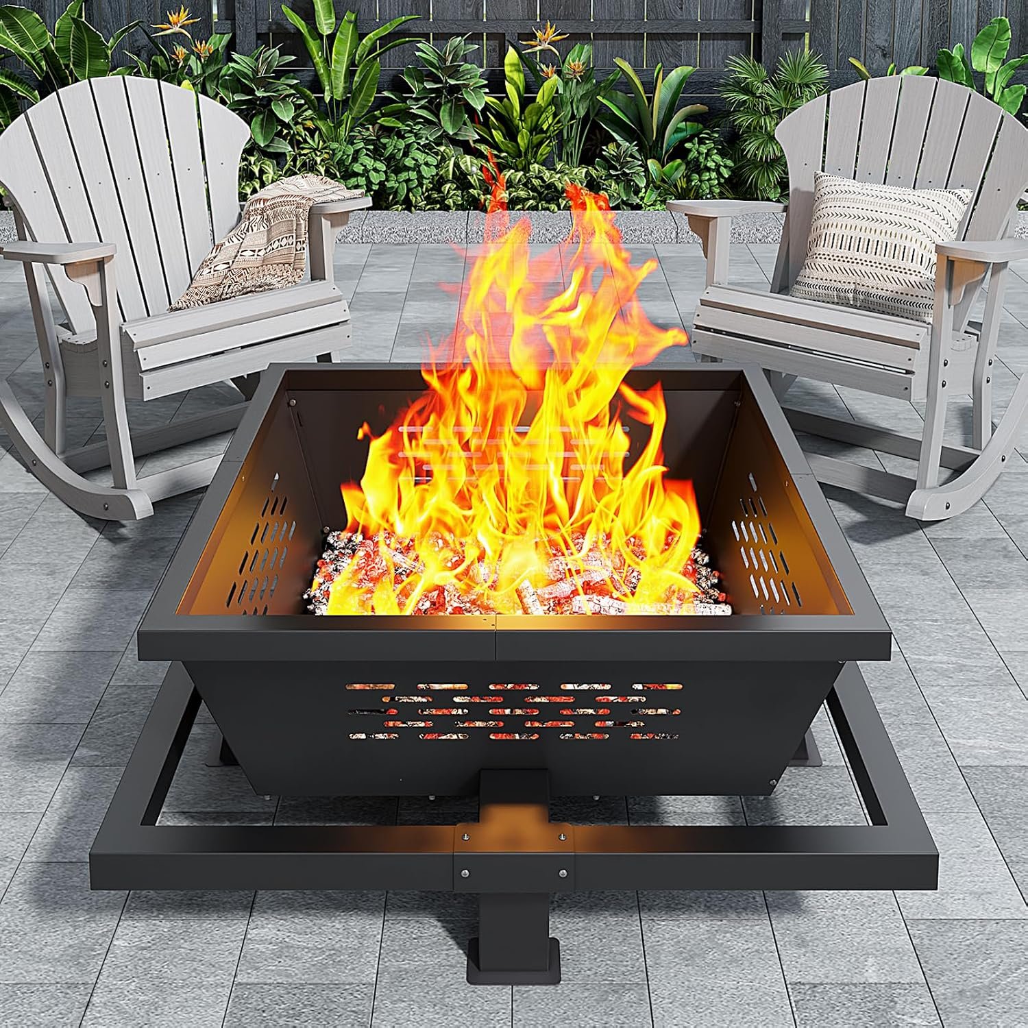 42″ Large Fire Pit, Square Outdoor Fire Pit with Poker, Wood Burning FirePit for Camping, Backyard, Patio