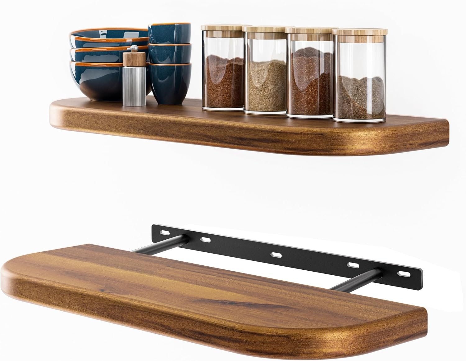 BATODA 17″ Acacia Wood Floating Shelves Wall Mounted (Round Edge) – Rustic Farmhouse Wooden Wall Storage Shelf for Bedroom, Kitchen – Brackets and Shelving Hardware Included (Acacia Color) | Safe Round Edges, 100 lb Capacity, Hidden Brackets, Complete Hardware Included, Easy Installation, Natural Acacia Finish