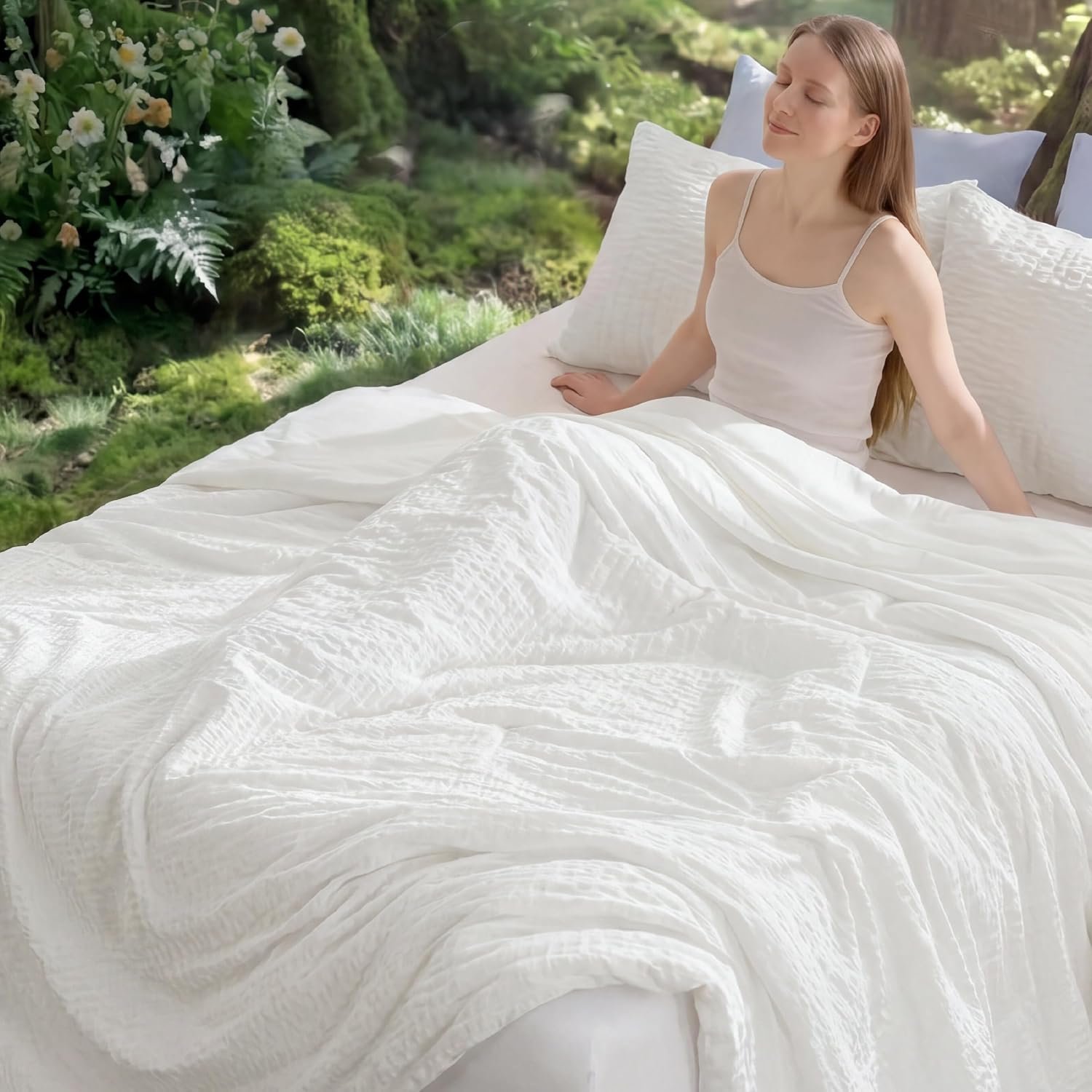 Bedsure SleepEase Cooling Comforter Queen Size for Summer, 3 Pieces White Seersucker Cooling Comforters for Hot Sleepers, Double-Sided Cool Tech Bedding Set with 1 Breathable Comforter, 2 Pillowcases