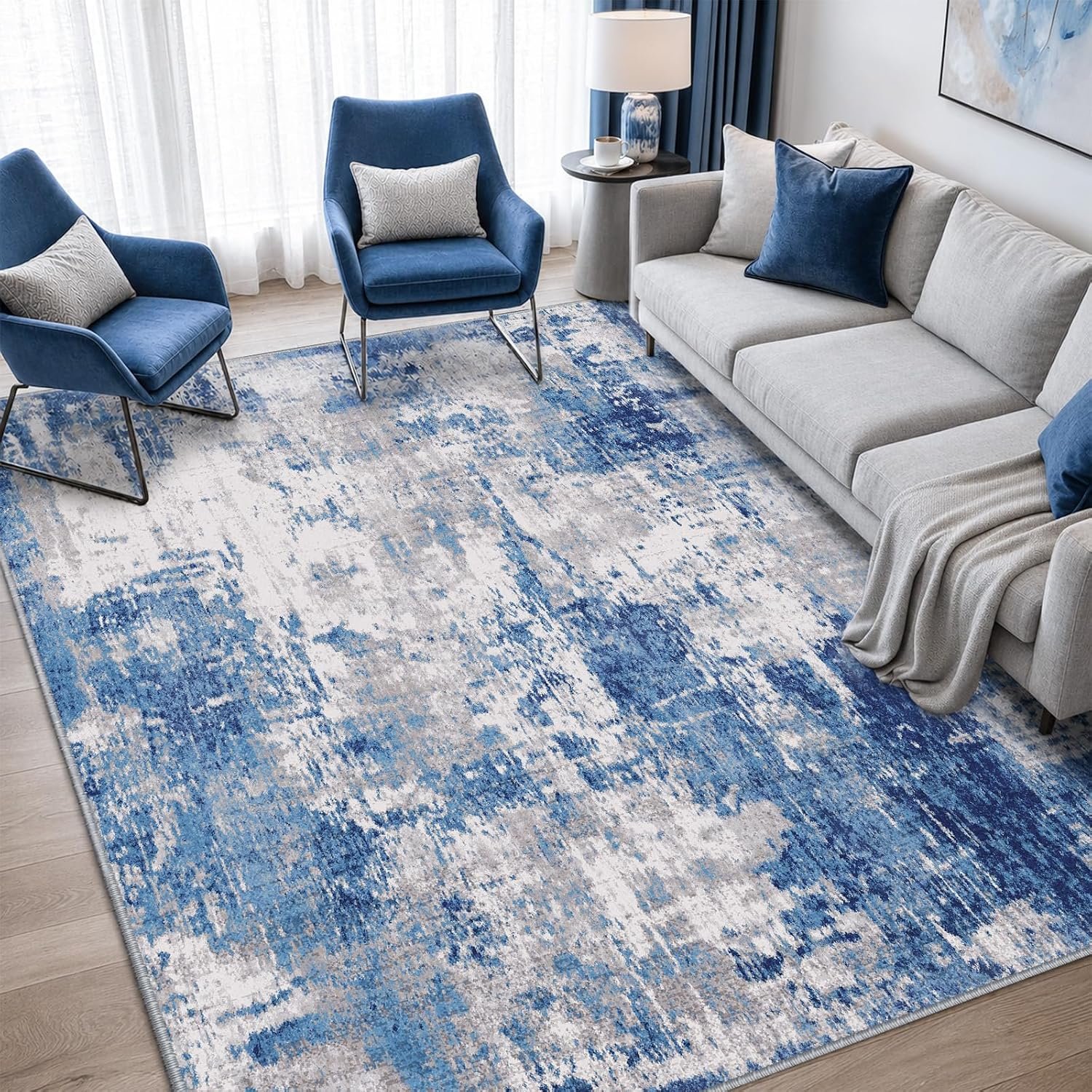 RELEANY Washable 5’x7′ Abstract Area Rug for Living Room Blue Gray | carpet for bedroom, kitchen, office, hallway and entryway, printed pattern, non-slip, soft, stain-resistant, easy to clean