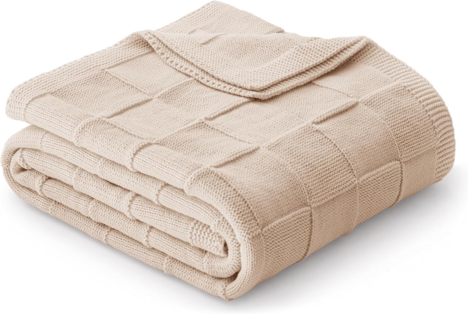 Whale Flotilla Checkered Knit Throw Blanket for Couch, Camel | Soft Decorative Knitted Blankets for Couch Sofa Bed, Lightweight Cozy Throws for Spring Summer, 50×60 Inch
