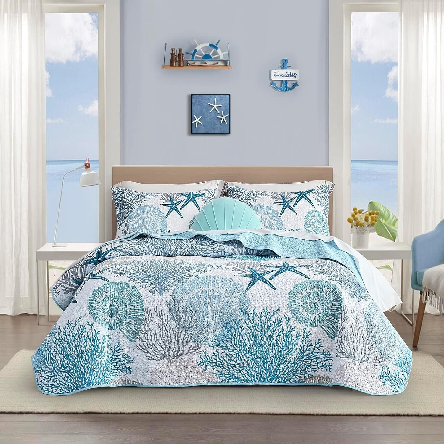 3 Piece Coastal Quilt Sets Full/Queen Size Bedding Set, Blue | Reversible, Soft, Lightweight, Beach Nautical Bedspread, Summer Comforter with 2 Shams, All Season, 90”x96”
