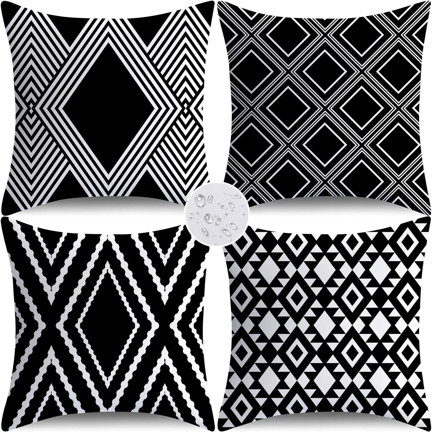 NIGHTWISH Outdoor Waterproof Pillow Covers 18×18 Set of 4 Black and White Modern Geometry Decorative Outdoor Throw Pillows Boho Cushion Cases for Patio Furniture Bench Couch Sunbrella