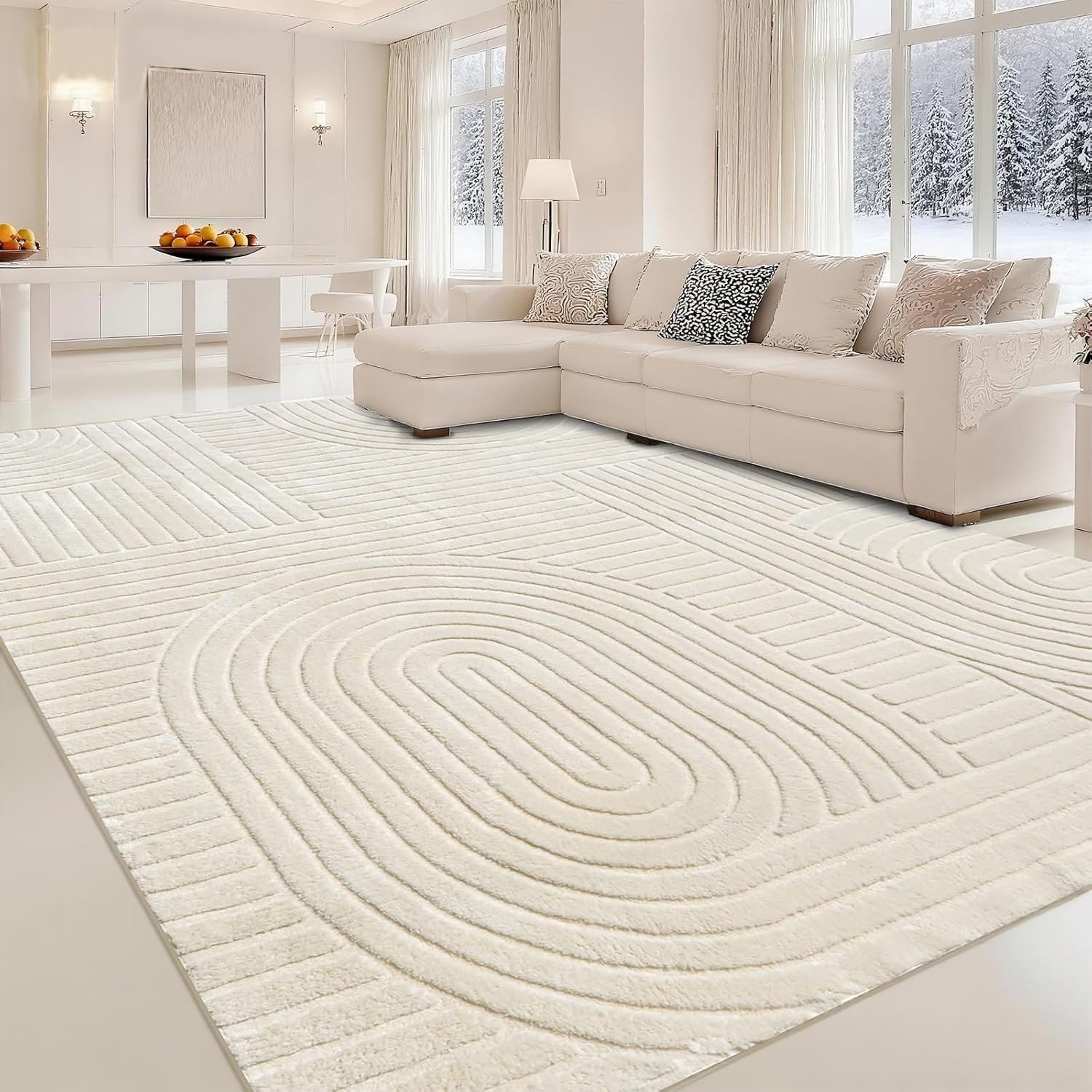 Beige Solid Area Rug 8×10, Washable Rugs for Living Room Bedroom | Modern Neutral Boho Geometric High-Low Pile Carpet, Soft, Fluffy Non-Slip Rugs for Nursery, Kids Room, Apartment, Home Office