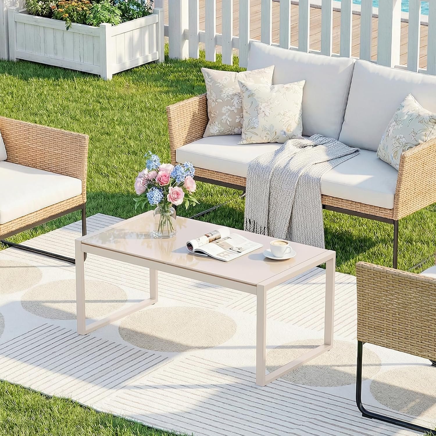 Rectangle Coffee Table with Tempered Glass Desktop, Sand | Galvanized Frame Outdoor Coffee Table with Adjustable Feet for Patio, Balcony, Deck, Living Room