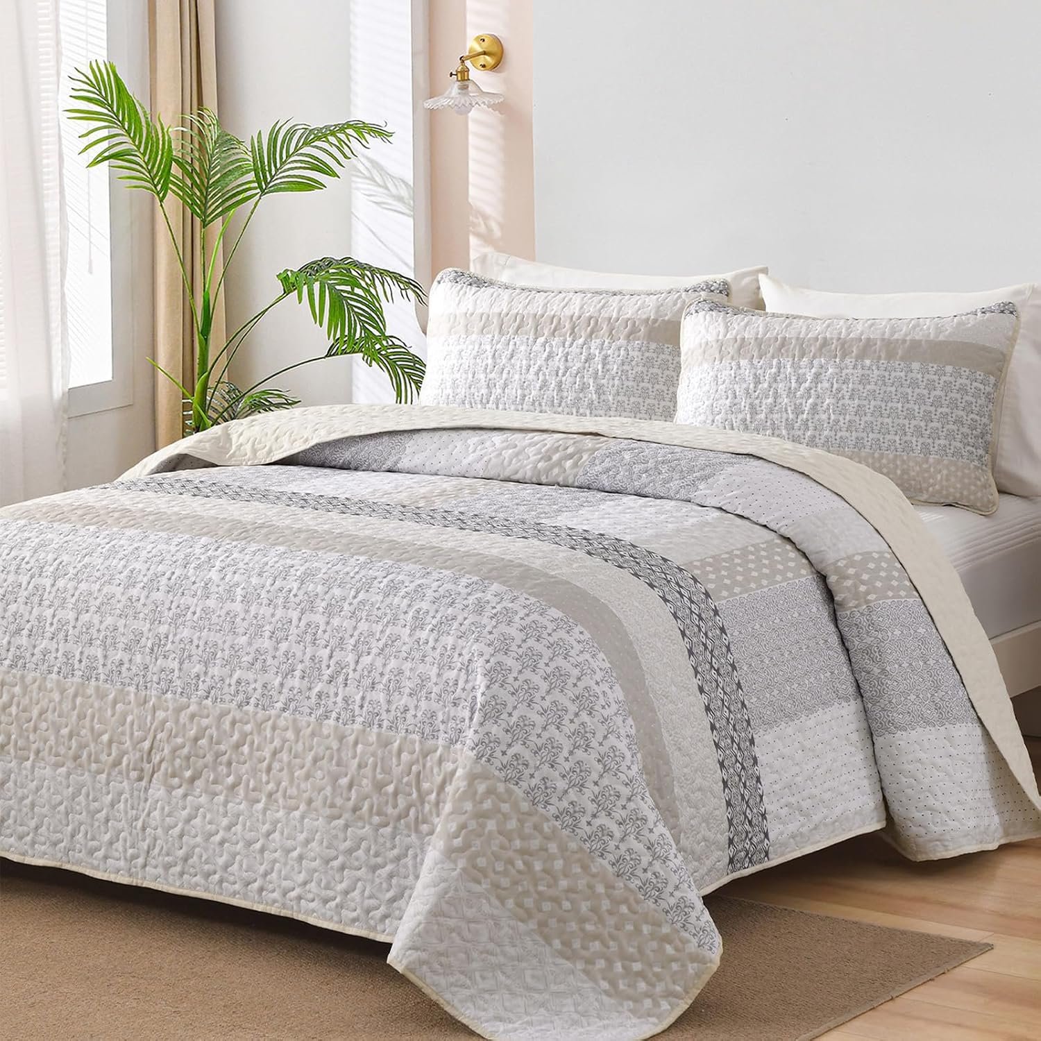 WONGS BEDDING Beige Quilt Queen Size, 3 Pieces Boho Stripe Bedspread | Patchwork Quilted Bedspread Set Summer Lightweight Microfiber Coverlet Bedding Set All Season (96″x90″)