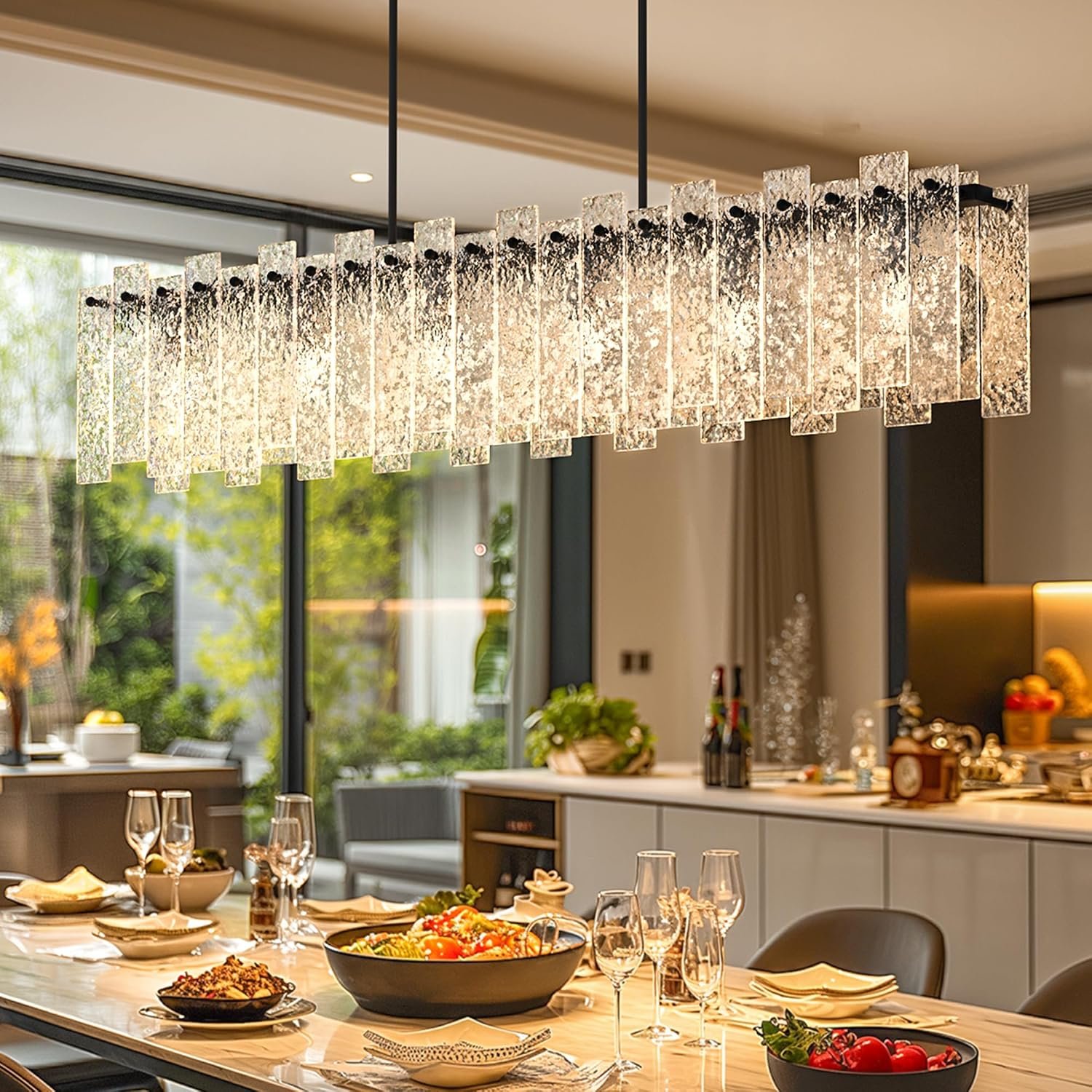Modern Black Rectangle Chandelier, 48″ Dining Room Chandelier with Water Ripple Glass, Staggered Design, Linear Crystal Chandeliers for Dining Room, Living Room, Kitchen Island
