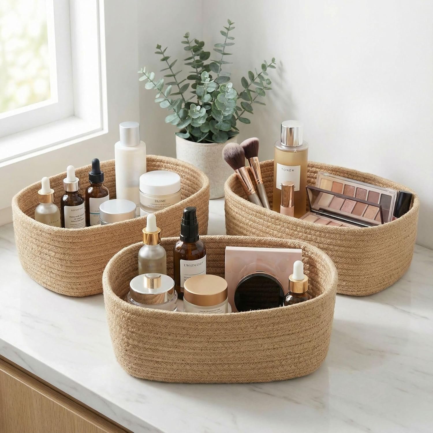 Beautiful Storage Basket Set of 3 – Sturdy Jute Rope Baskets for Shelves | Perfect for Organizing Your Home – Quality Storage Bins Easily Fit with Any Nursery or Bedroom Decor
