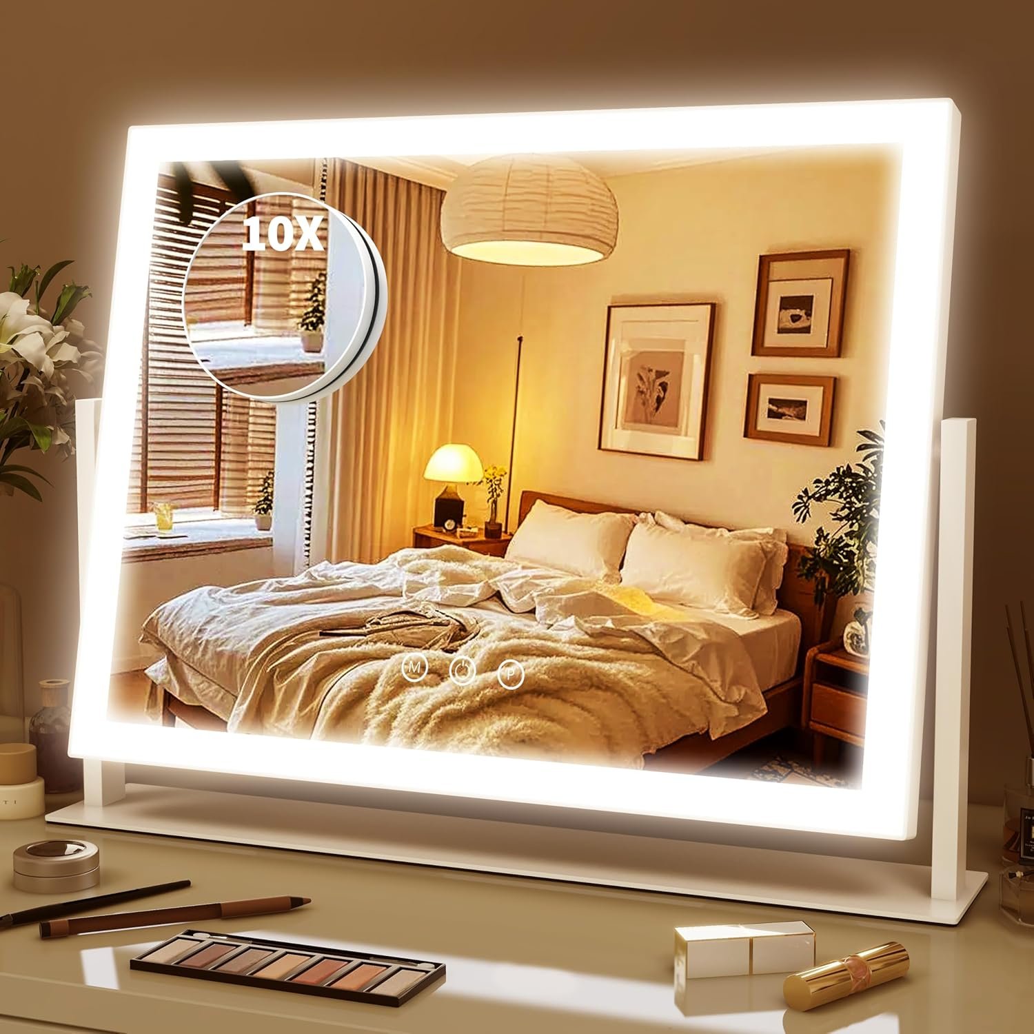 ROLOVE Lighted Makeup Mirror 16.3″x12.6″, Hollywood Vanity Mirror with 10X Magnifier, 3 Color LED Lighting Modes, Smart Touch Control & 360° Rotation, Tabletop Makeup Mirror (White, Gift Ready)
