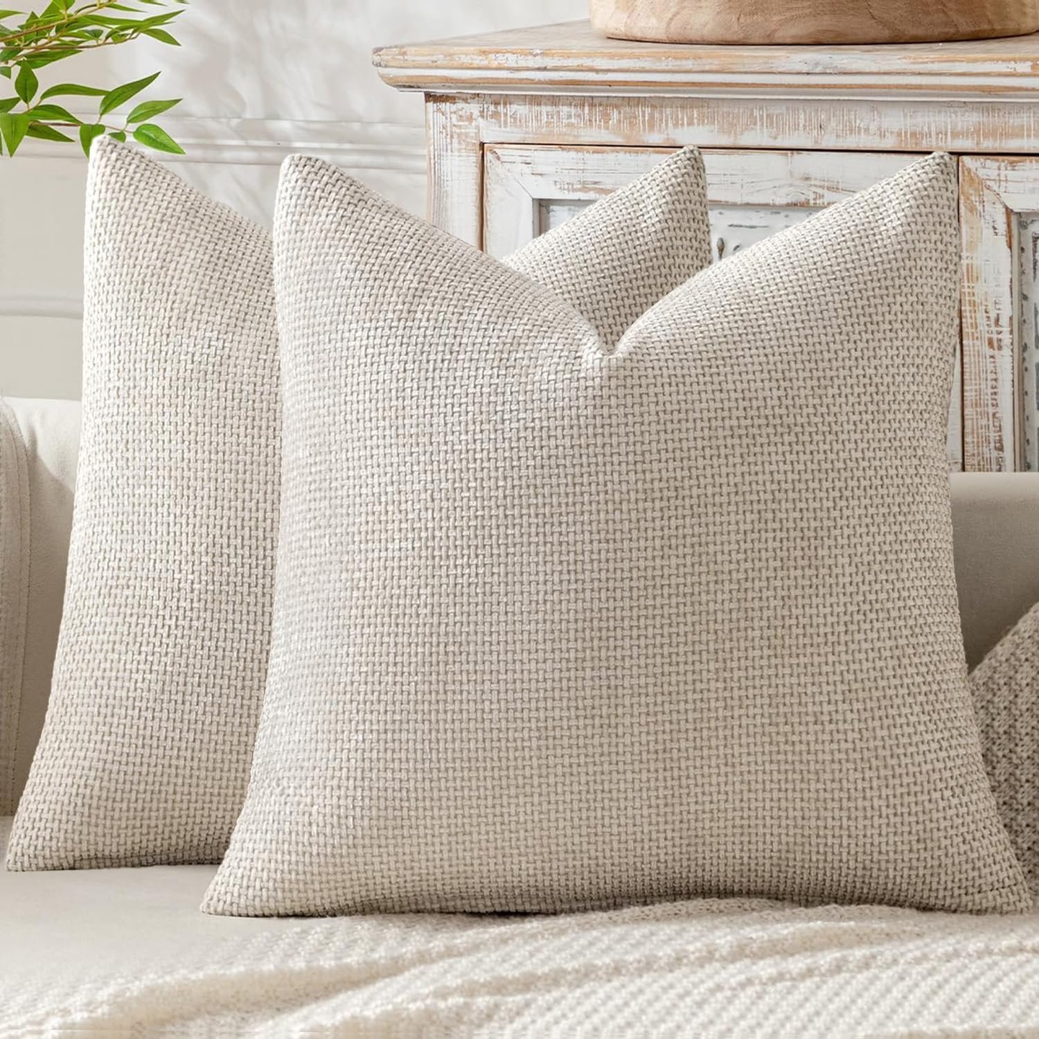 MIULEE Decorative Couch Throw Pillow Covers 18×18 Inch Neutral Beige 2 Pack | Modern Boho Accent, Soft Chenille Pillow Covers, Farmhouse Cushion Cases for Home Decor Bed Sofa Living Room