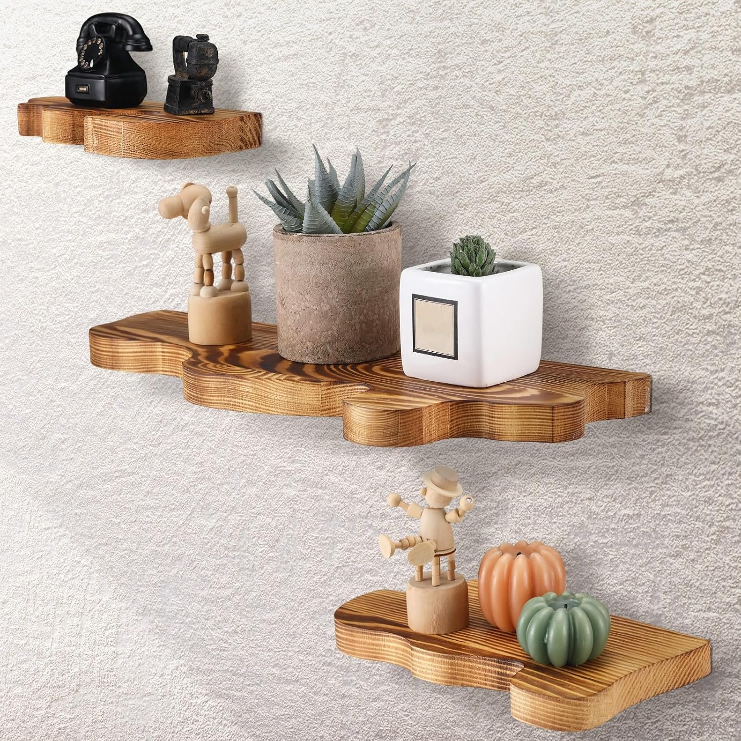 Suzile Set of 3 Small Rustic Wave Edge Floating Shelf 3 Size Live Edge Wooden Shelf with Metal Bracket Wall Mounted Display Ledge Shelves Farmhouse Vintage Wall Decor for Living Room Bedroom (Brown)