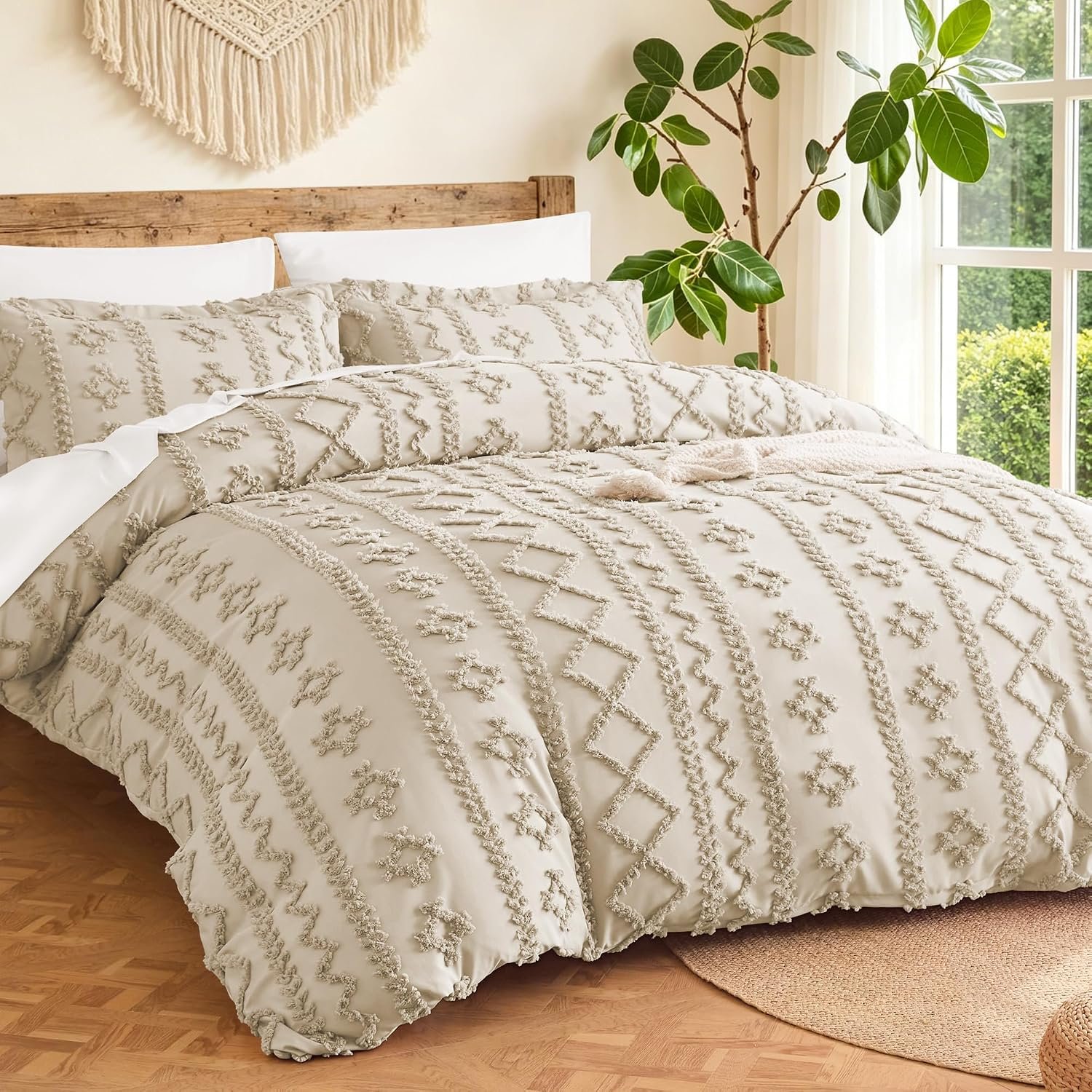 MR&HM Boho Duvet Cover Set King – Linen Tufted Boho Bed Set 3 Pieces | Machine Washable Comforter Cover with Zipper Closure for All Seasons, Elegant Design Boho Bedding for Decoration