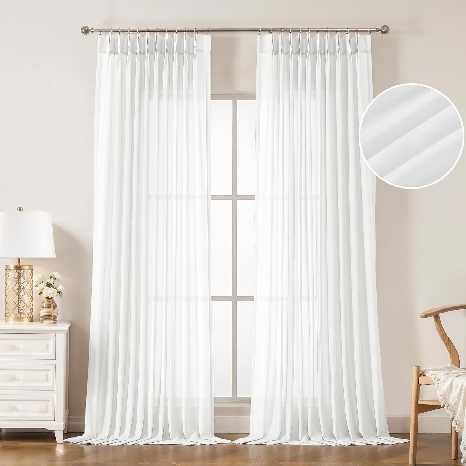 WEST LAKE Bright White French Pleat Sheer Curtains 90 Inches Length | Soft Pinch Pleated Sheers for Bedroom Living Room,Farmhouse Window Treatment for Sliding Patio Door,58″Wx90″Lx2