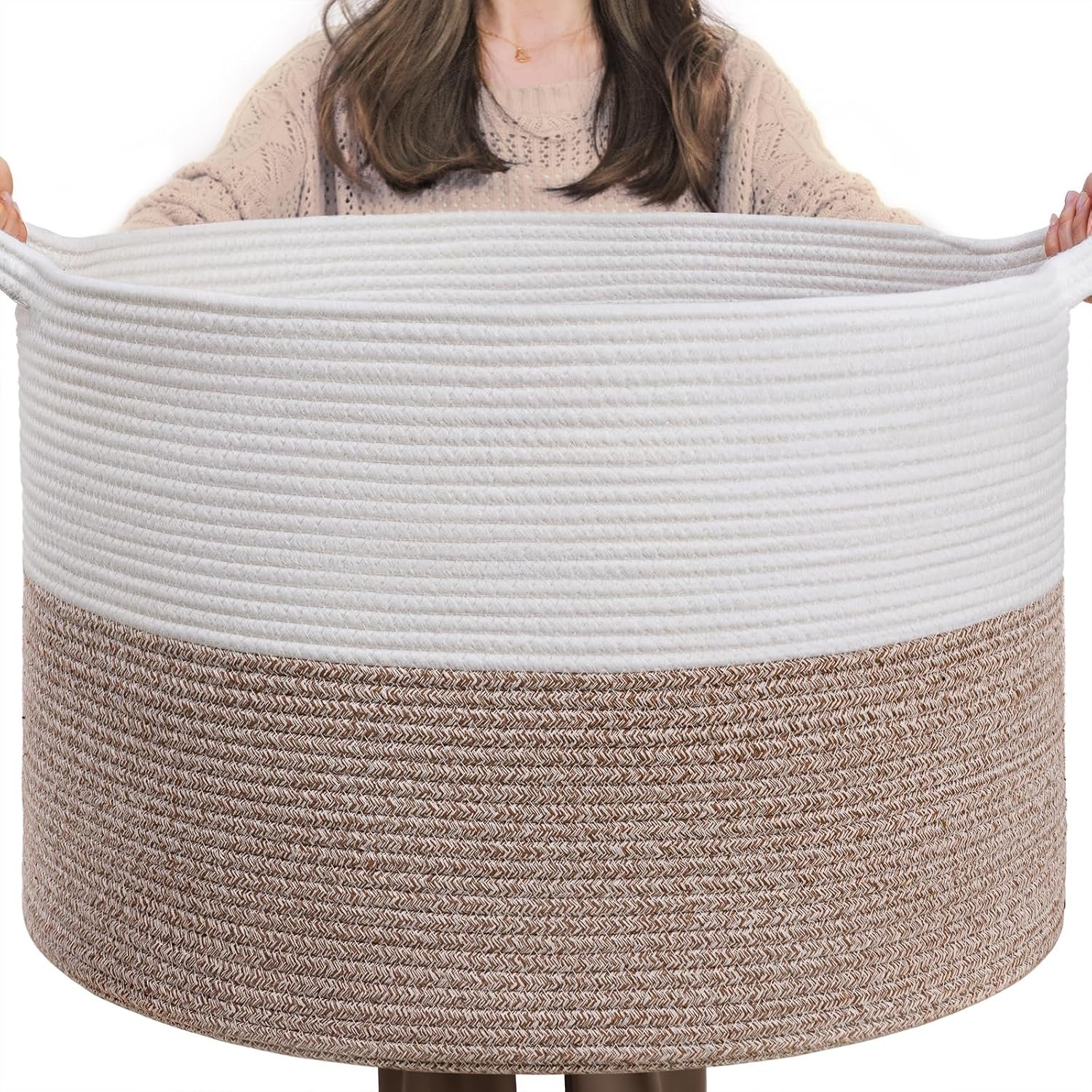 INDRESSME XXXLarge Woven Rope Blanket Basket Living Room Brown, 90L | 21.7″ x 13.8″ Storage baskets for toys laundry & pillows. Fits living room, bedroom or nursery décor. Soft-touch with handles