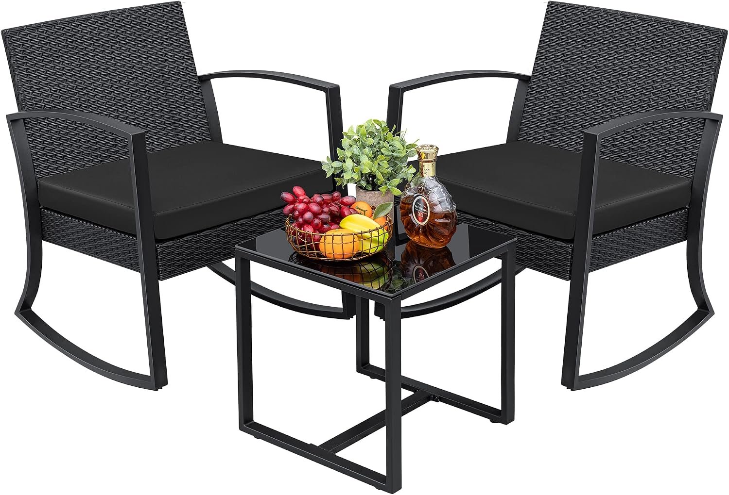 Greesum 3 Pieces Outdoor Furniture Set Patio Bistro Rocking Chairs with Glass Coffee Table for Pool Beach Backyard Balcony Porch Deck Garden, Dark Black