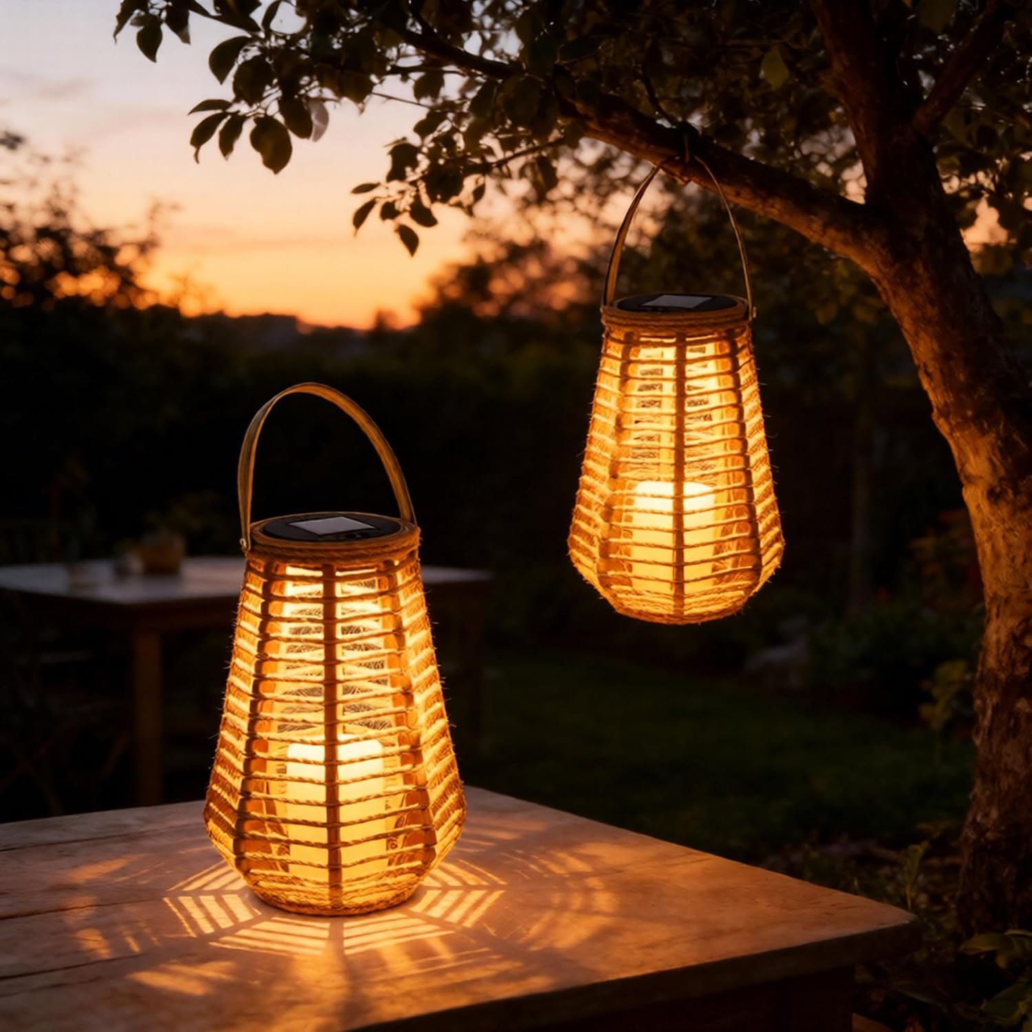 2 Pack Solar Lanterns Outdoor Waterproof, Vase-Shaped Solar Lantern with Handle, Hand-Wound Rope Outdoor Lantern Dusk to Dawn 6-8Hr, Hanging & Tabletop Decor for Garden/Patio