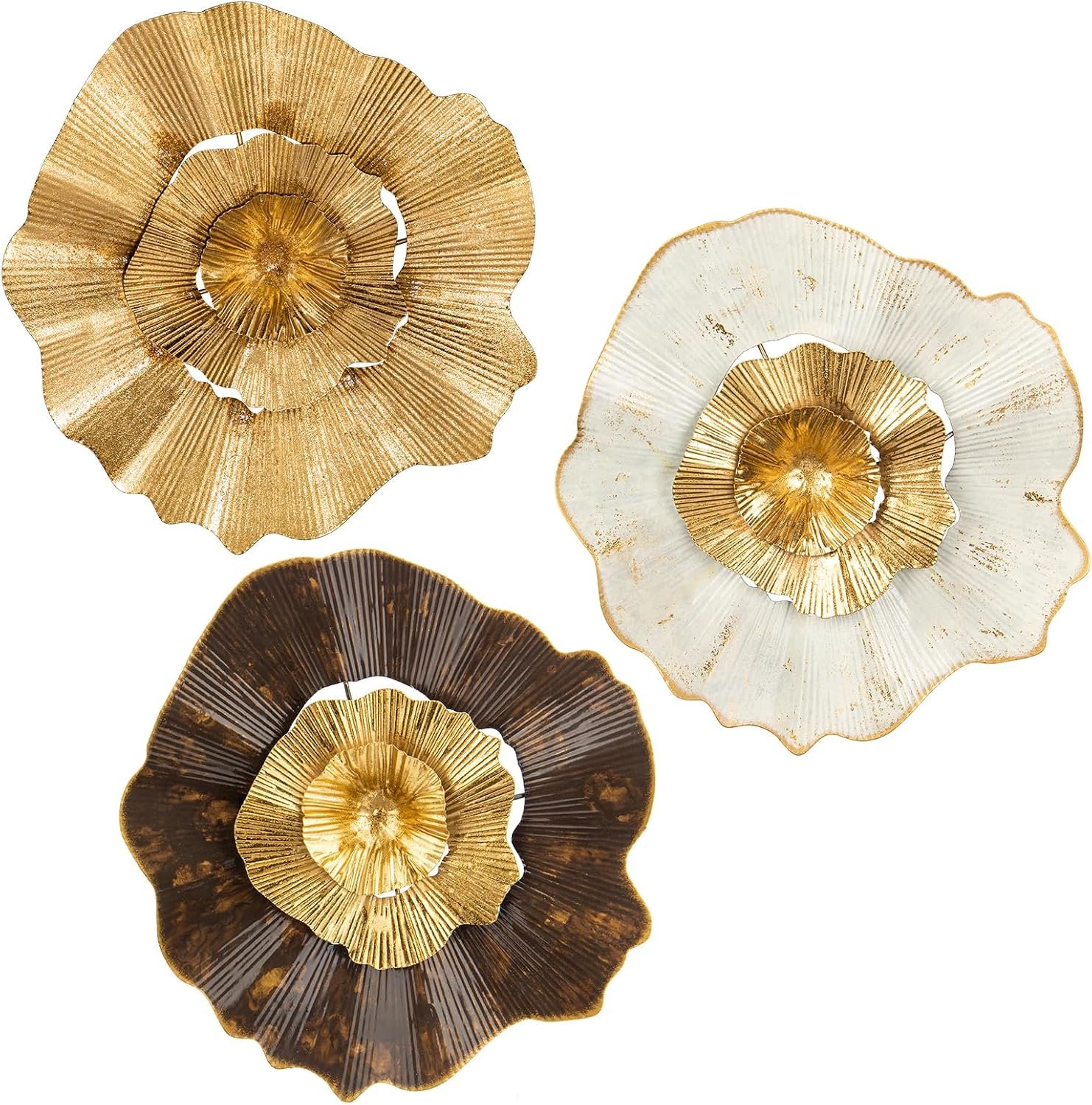 Briful 12″ Gold Wall Décor Pack of 3 Metal Flower Plate Wall Art Modern Accent Hanging Wall Decorations For Home Office Bedroom Or Living Room Wall Sculptures