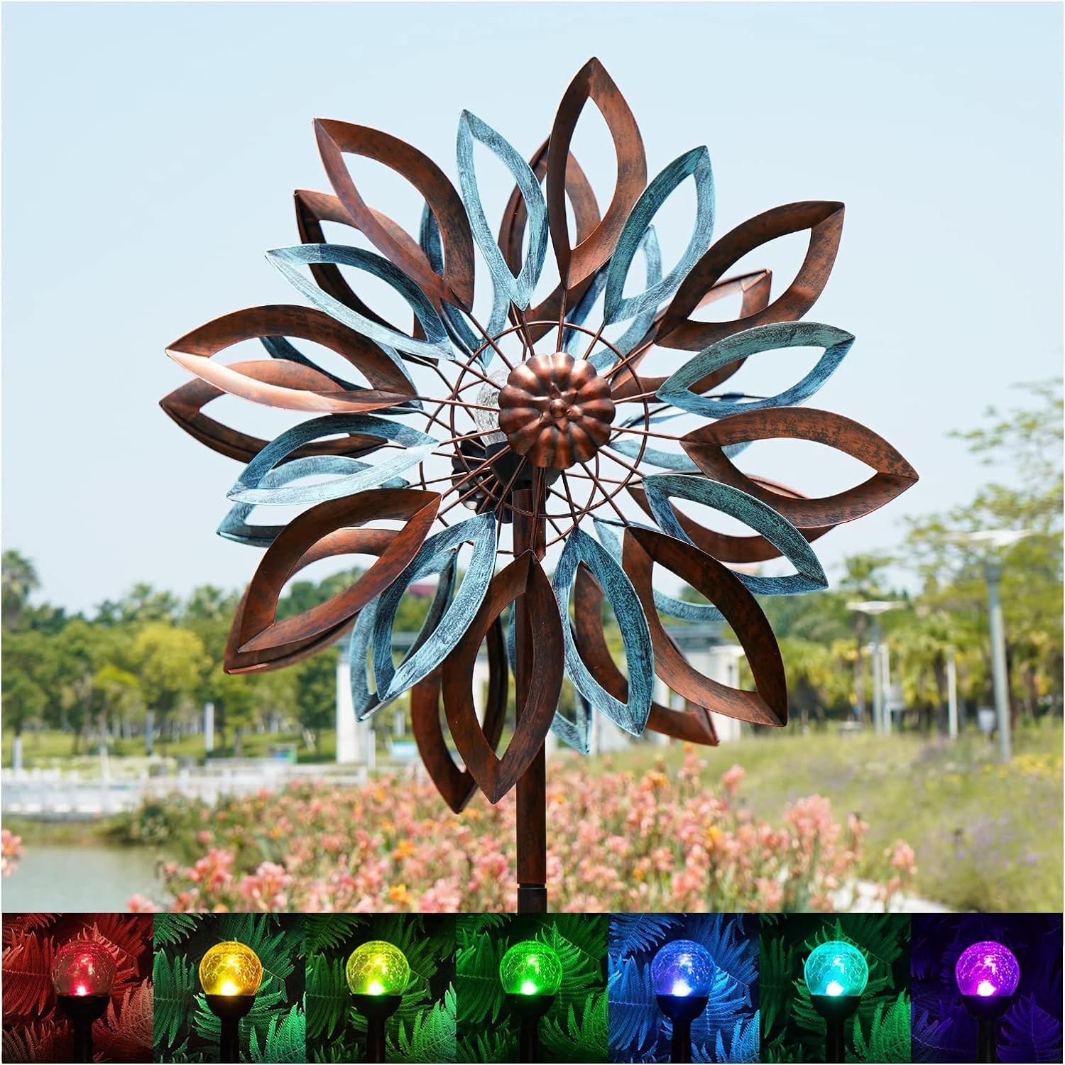 Yard Garden Wind Spinners with Solar Lights, Large Outdoor Metal Wind Spinners, Lawn Yard Art Garden Decor (22″ W x 87″ H)