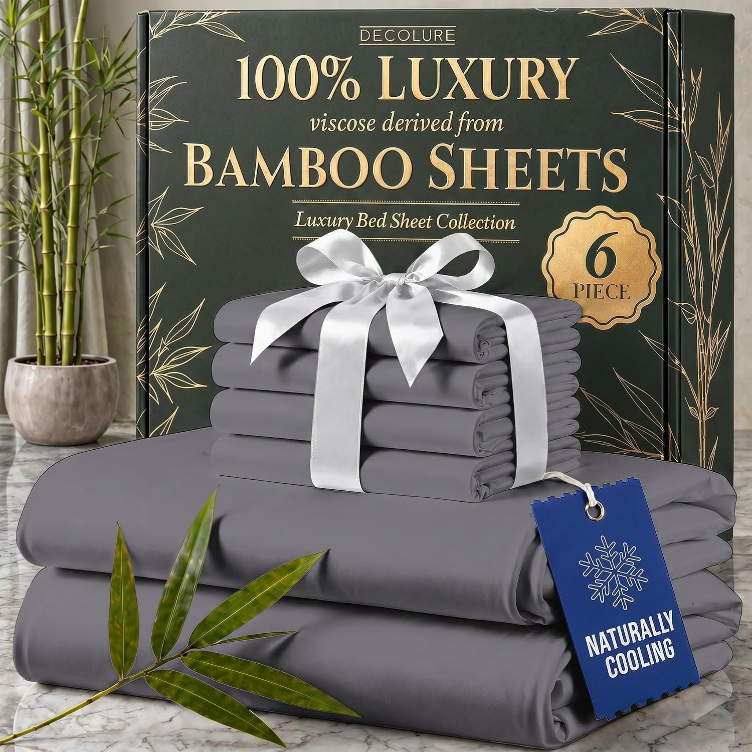 DECOLURE 100% Viscose Derived from Bamboo Sheets King Size – Luxury 6 Pc Naturally Cooling Sheets, Ultra Soft Bed Set – Deep 17″ Pockets, Durable Double Stitching, Oeko Tex Standard (Grey)