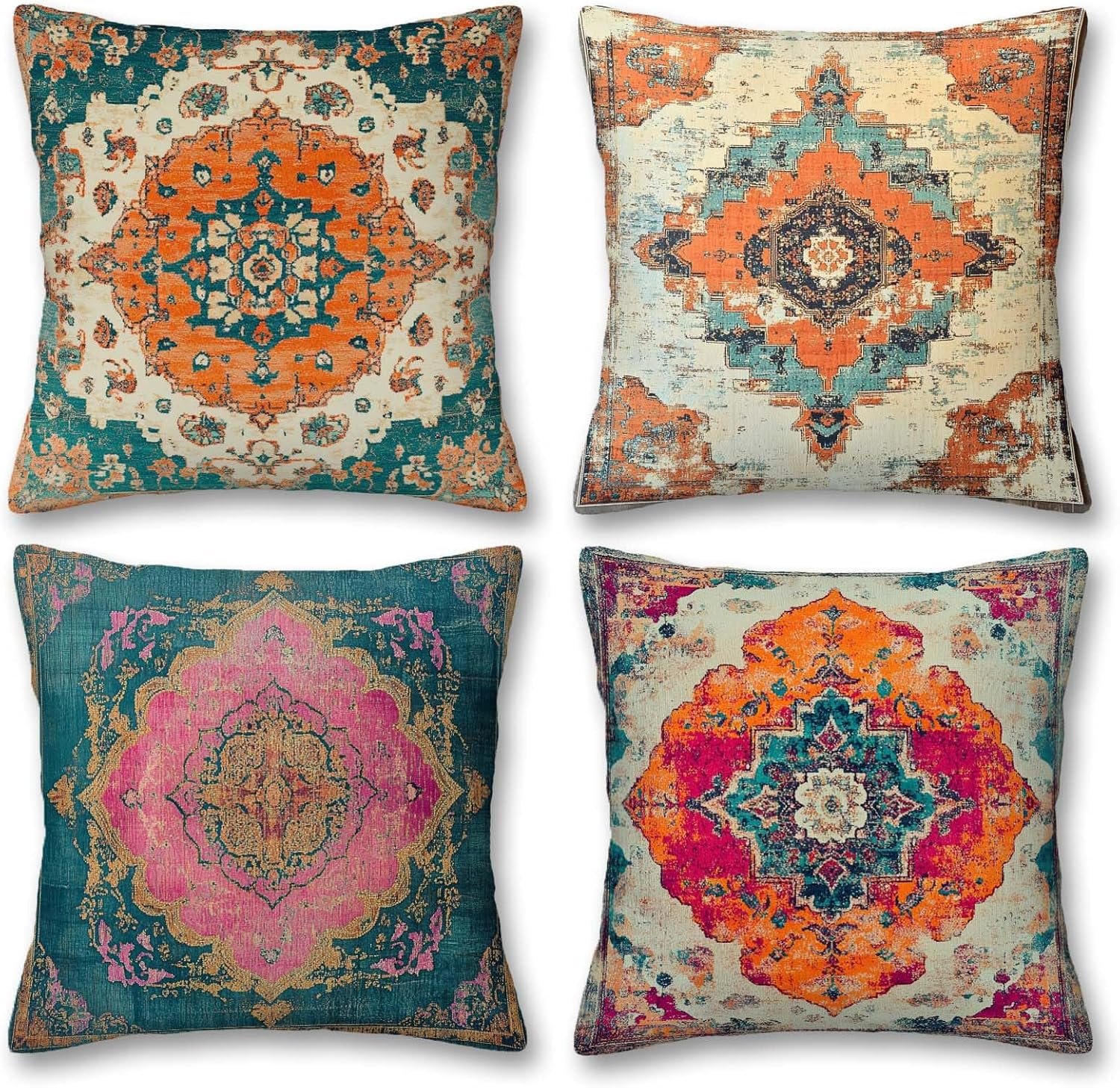 Throw Pillow Covers 18×18 Set of 4 | Boho Vintage Rug Cushion Cases for Couch Sofa | Distressed Medallion Aztec Farmhouse Decorative Pillowcases Living Room Bedroom
