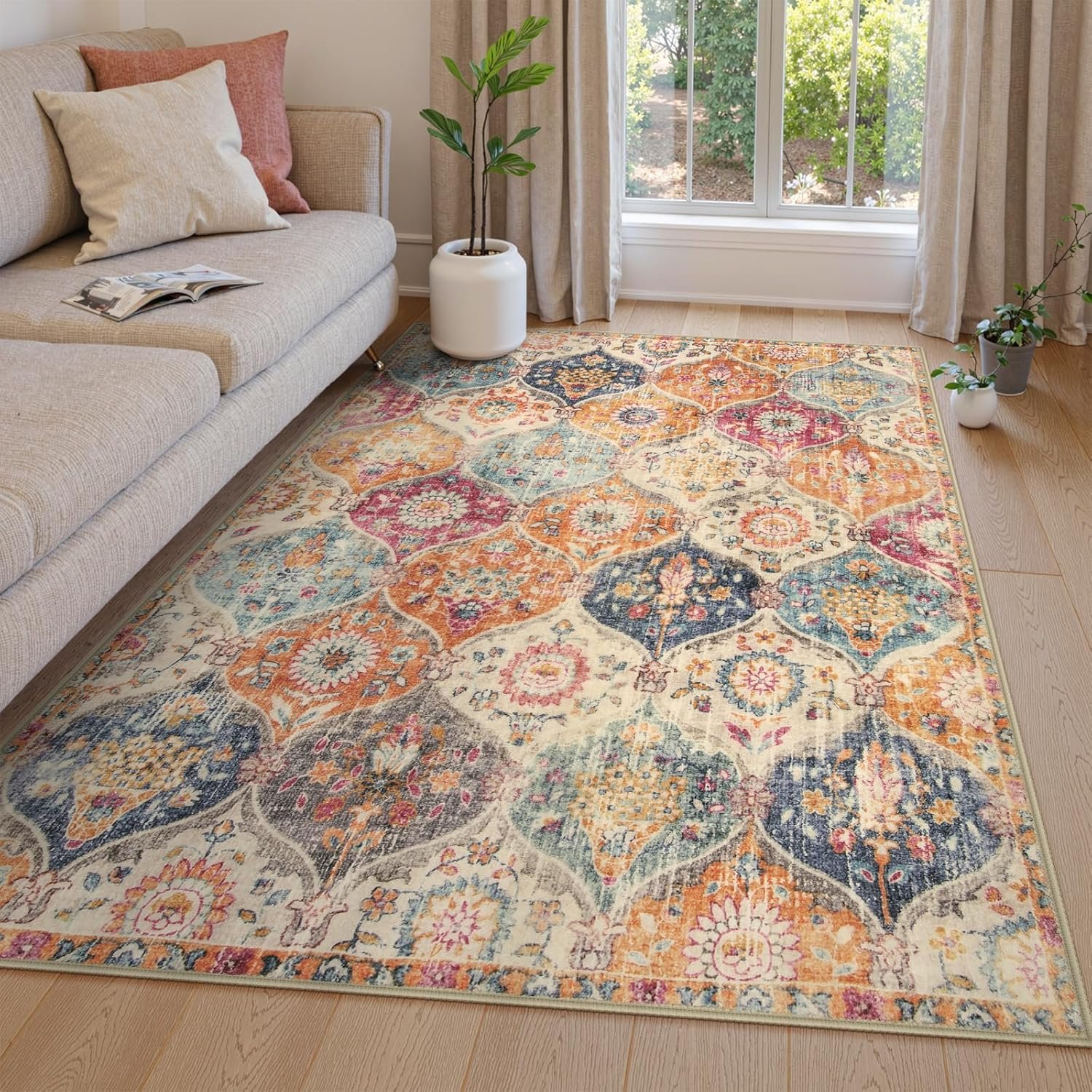 Lahome Moroccan Machine Washable Rugs for Living Room, 4×6 Rug for Bedroom Non-Slip Vintage Trellis Ultra-Thin Throw Carpet for Dining Room Office Nursery Elise, Cream/Multi