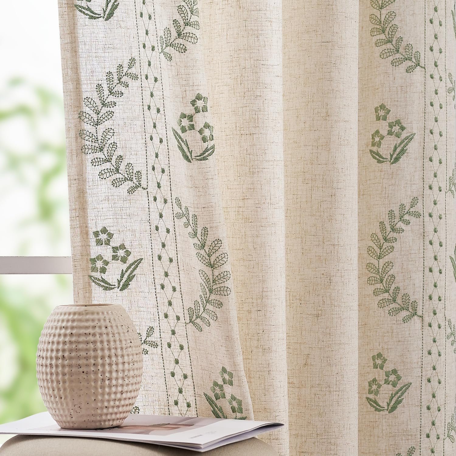jinchan Floral Linen Curtains 84 Inch Back Tab 2 Panels Sage Green | Embroidered curtains,boho curtains,living room,bedroom,light filtering,privacy,flower patterned drapes,window treatment
