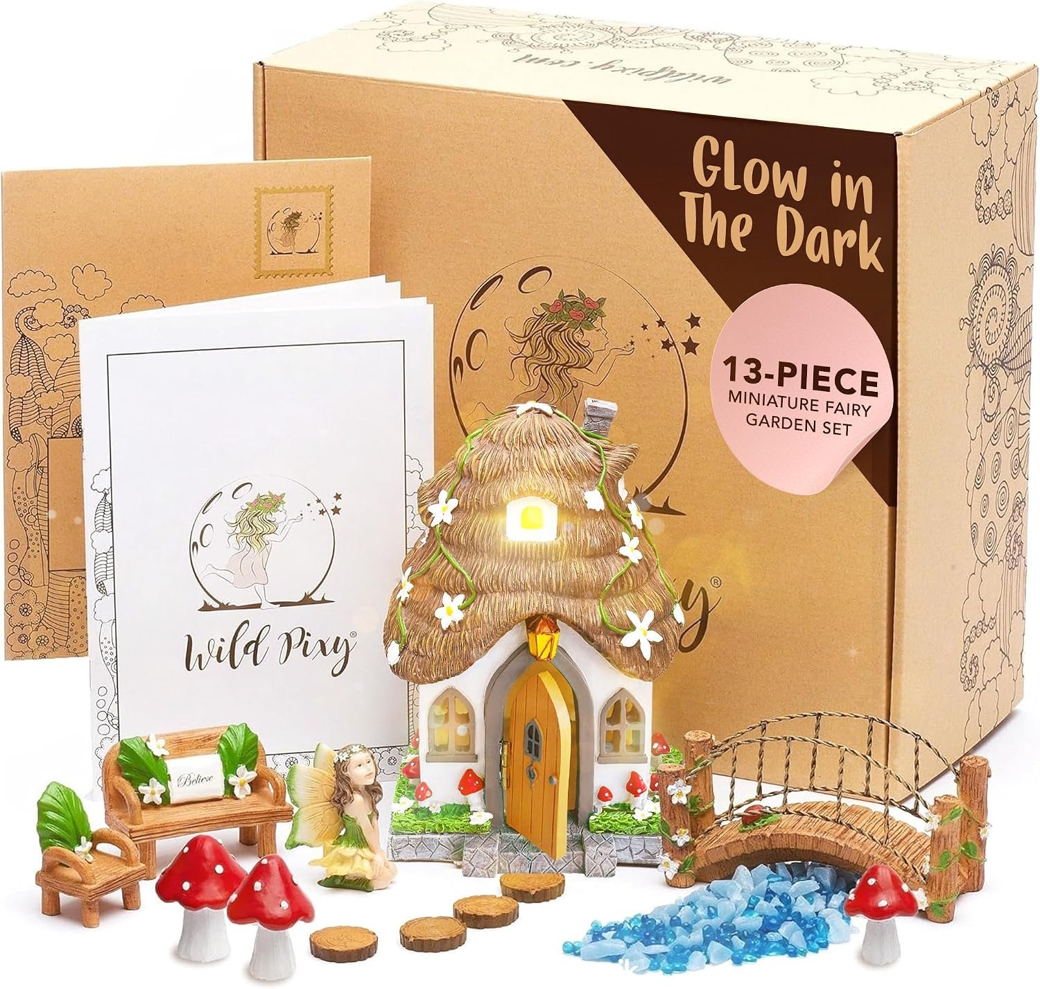 Fairy Garden Kit – 13 Piece Glow in the Dark Decorative Accessories with 7.1″ Outdoor Fairy House with Opening Door and Solar LED Light, Garden Door for Trees, Stones, Indoor/Outdoor Decor
