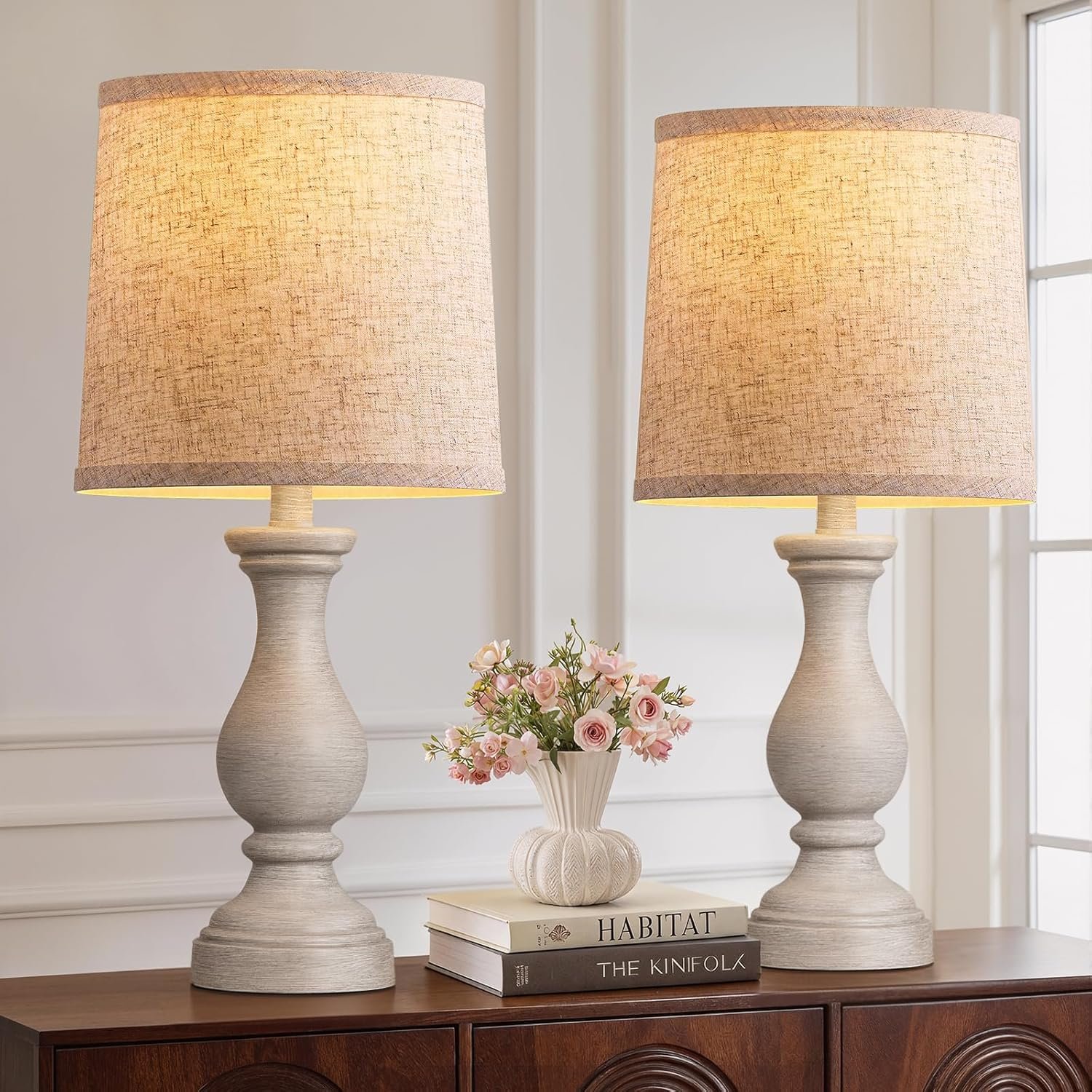 22″ Farmhouse Table Lamps Set of 2, Rustic Bedside Lamps for Bedroom | Lamps for Living Room, Night Stands, End Table, Office, Desk, Clearance, Boho Decor, Linen Shades