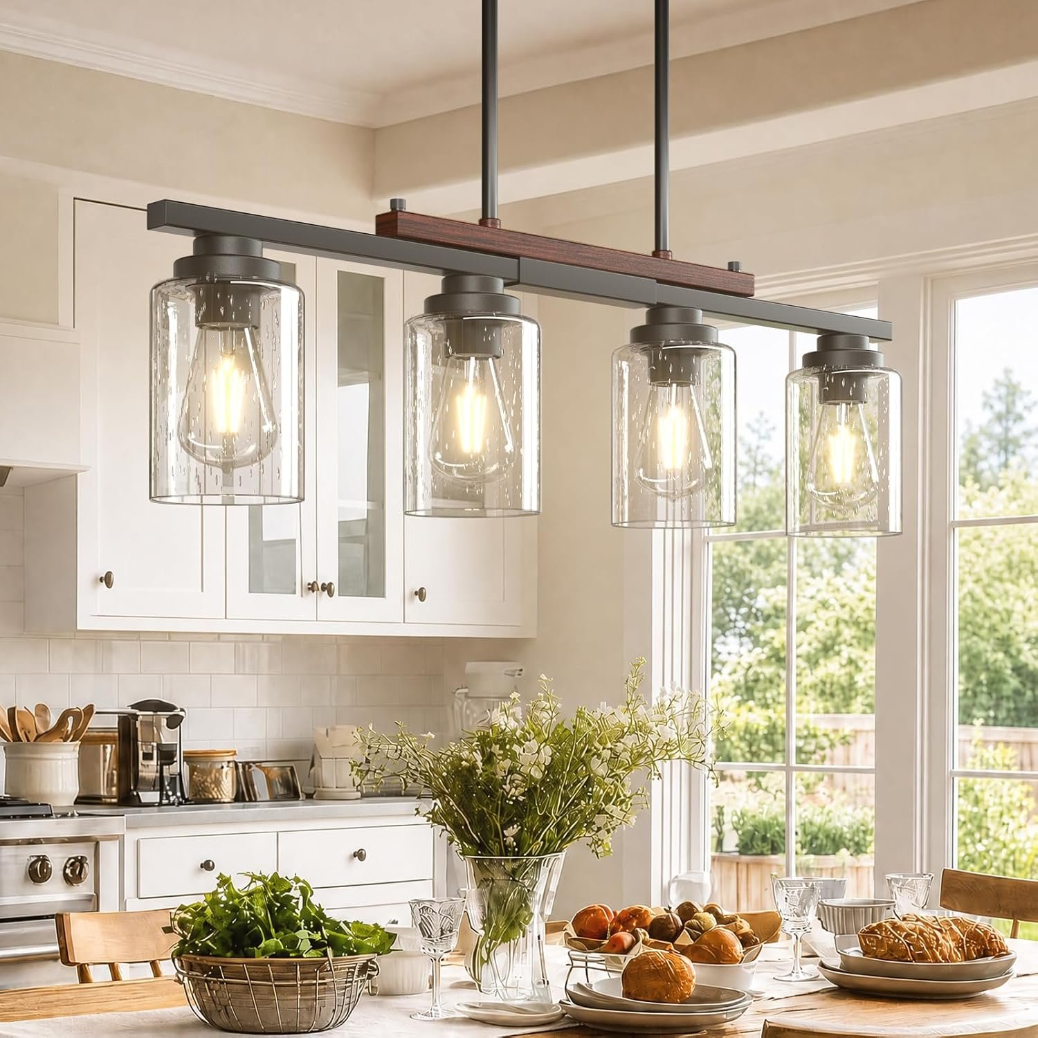 Amico 4-Light Dining Room Light Fixture, Seeded Glass Island Chandelier | Farmhouse Adjustable Rods Black Metal & Wood, Kitchen Island Pendant Light, Dining Room, Bubble Glass Shade