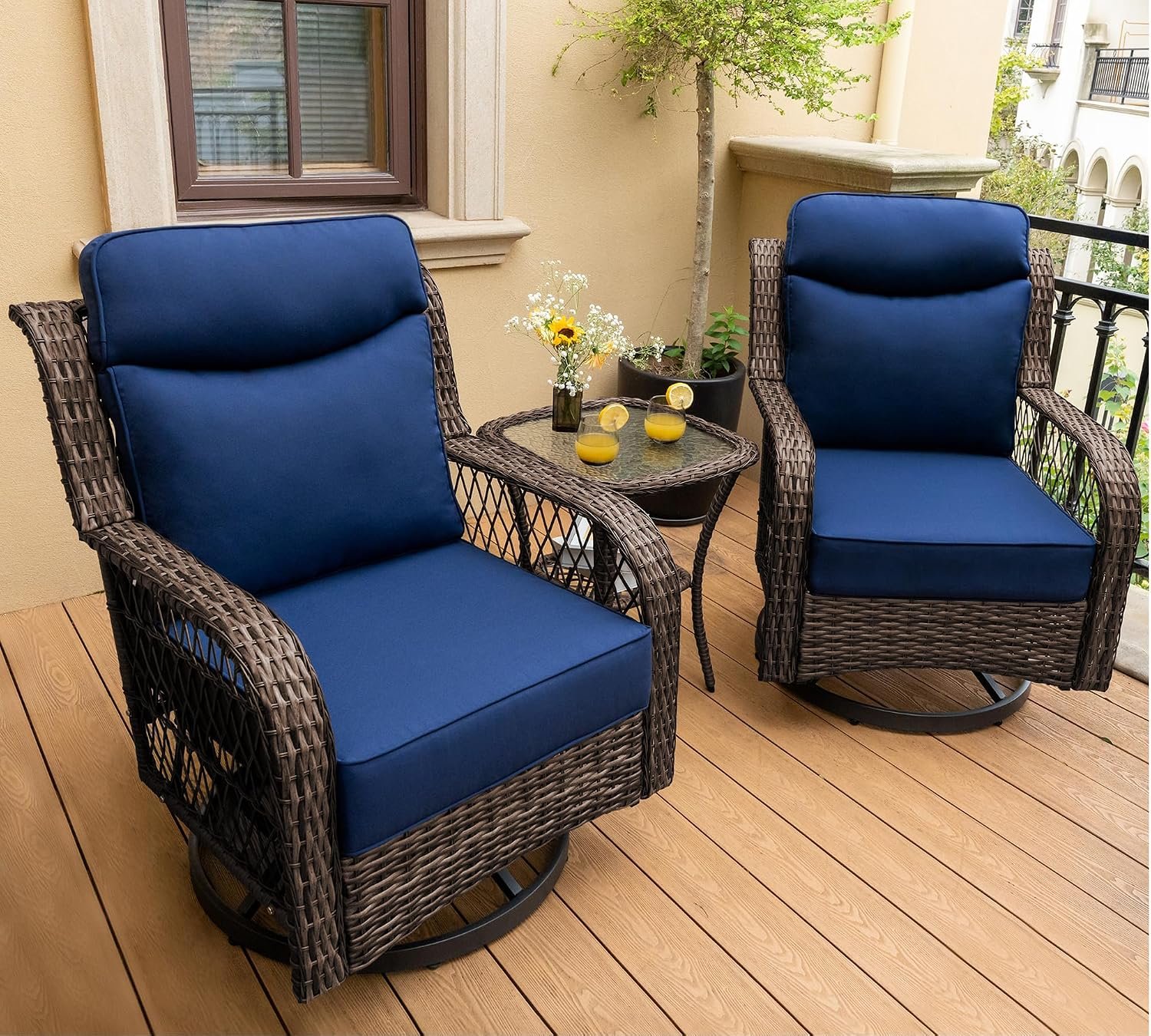 3 Pieces Outdoor Swivel Rocker Chairs with Rattan Side Table | Wicker Swivel Patio Chair, 5″ Extra Thick Cushions and 25″ Full Support Back, Patio Furniture Set for Outside Porch Deck