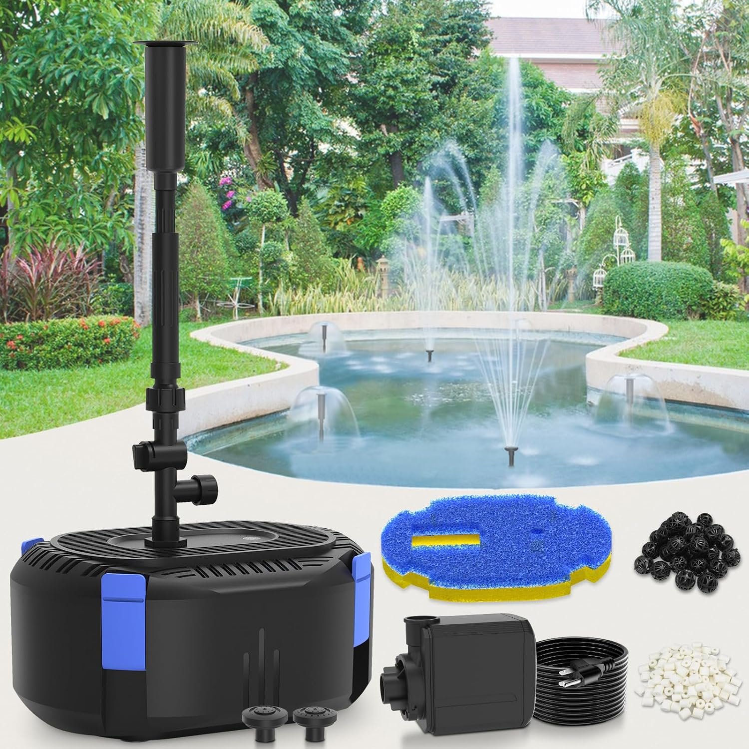 AquaMiracle Pond Filter with Pump Fountain Kits | 400GPH Pond Filter with Pond Pump & Fountain Kit | 3 Spray Patterns | Water Feature | Koi Pond Filters for Outdoor Ponds 200-350 Gal