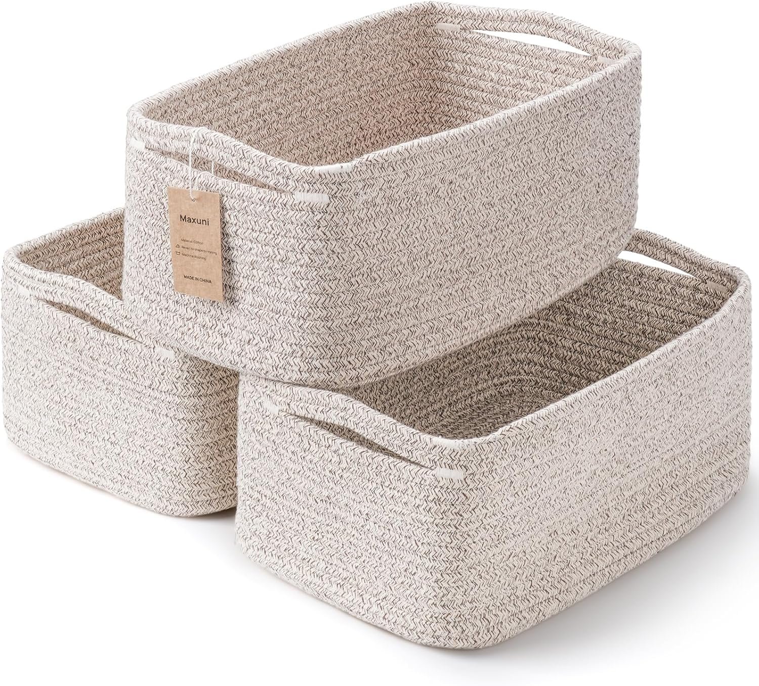 3 Pack Small Storage Baskets for Organizing, 11.8×7.8×5.1″, Mixed Brown | Woven Baskets for shelves, Cotton Rope Basket for Gifts Empty, Closet Organizer Bins with Handles, Cube Decorative Box