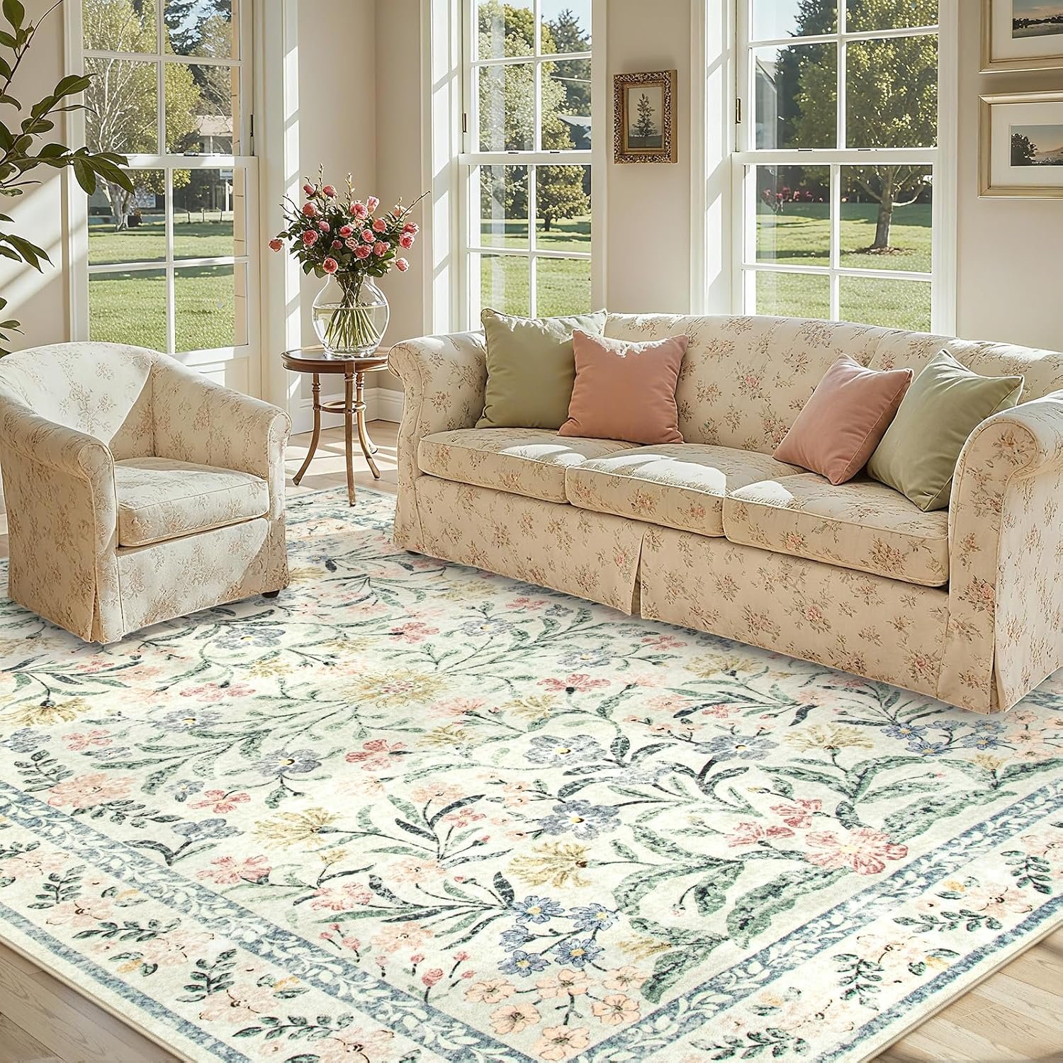 Lahome Sylvie Boho Rugs for Living Room, Washable Large 8 x 10 Area Rugs for Bedroom Non Slip, Soft Ultra-Thin Distressed Floral Throw Carpet for Office Dining Room, Cream/Multi
