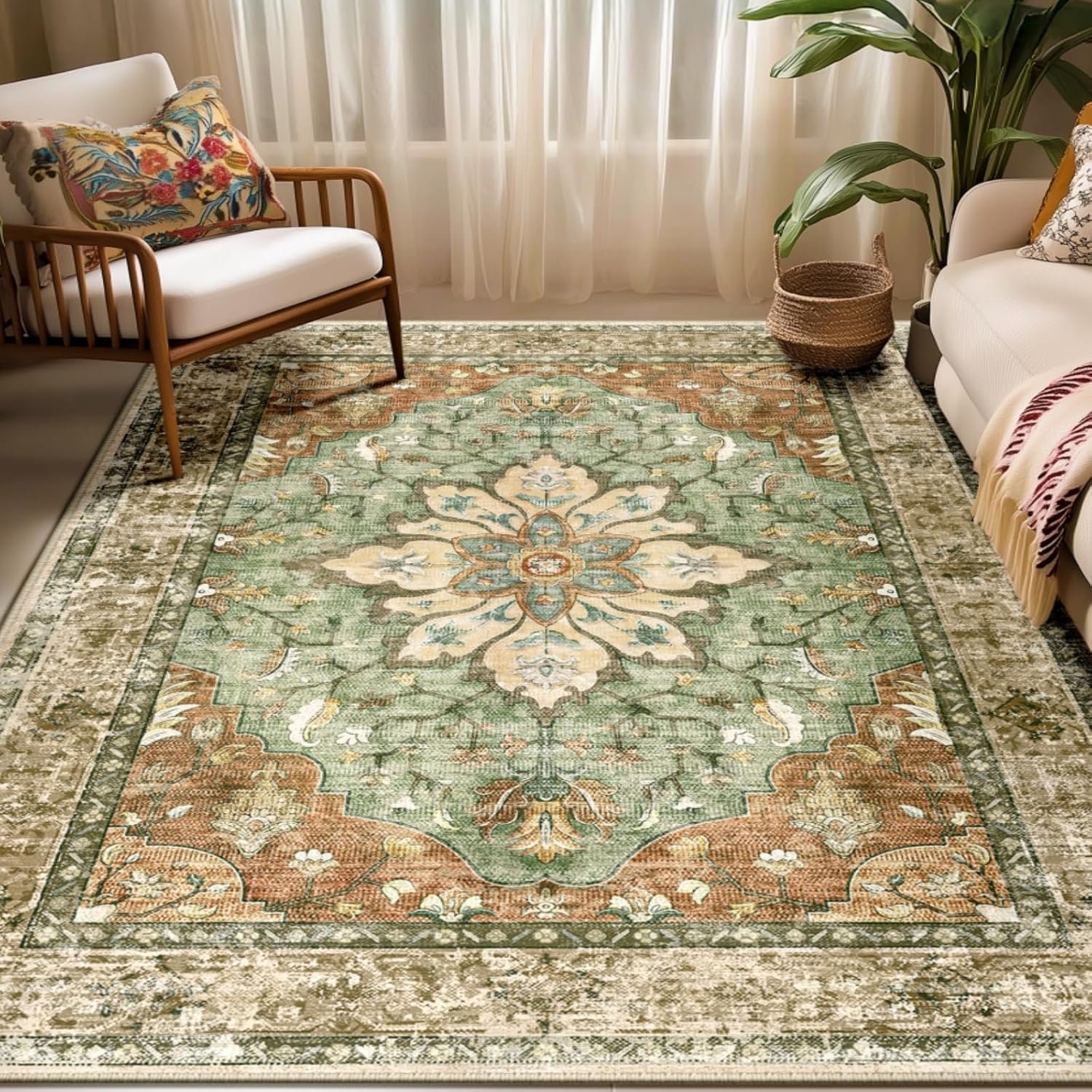RELEANY Washable Area Rug, 5’x7′, Brick/Brown/Green | Non-Slip, Water Repellent, Pet Friendly, Easy to Clean, Vintage Floral Boho Decor for Living Room Bedroom Dining Room Office