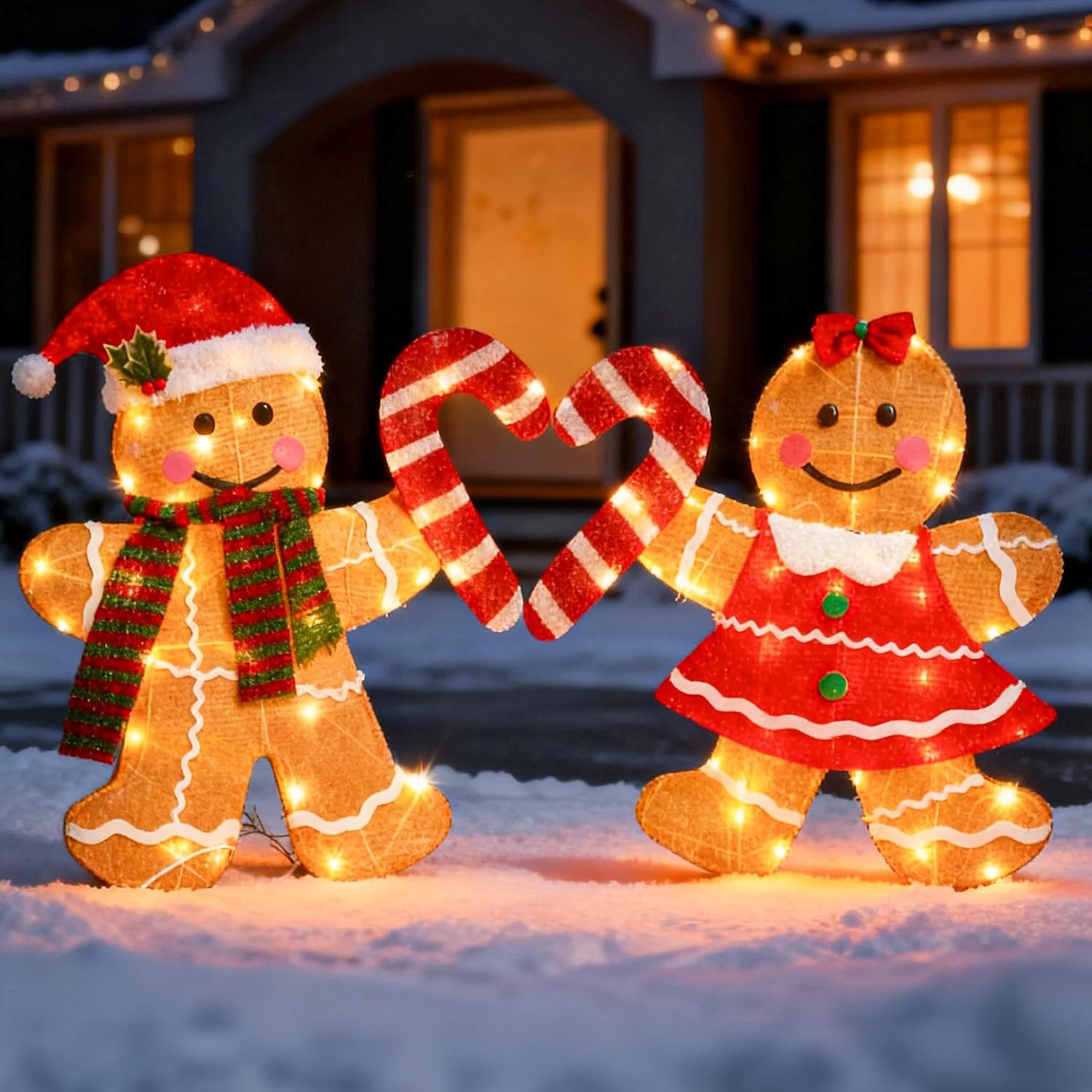 TW SHINE Christmas Outdoor Decorations Yard, Set of 2 Lighted 2D Gingerbread Man with 90 Warm White Lights, Light Up Gingerbread Man Couple for Xmas Holiday Front Garden Patio Lawn Display