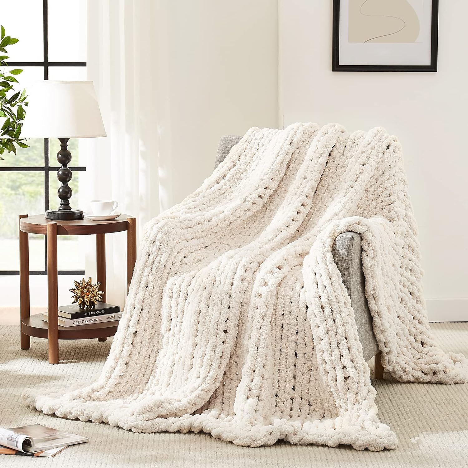 L’AGRATY Chunky Knit Throw Blanket for Couch, 50” x 60” Knit Throw, Ivory | Handmade Chenille Crochet Blanket for Sofa Bed, Thick Cable Knitted Blankets for Room Home Decor, Birthday Gift for Women Mom