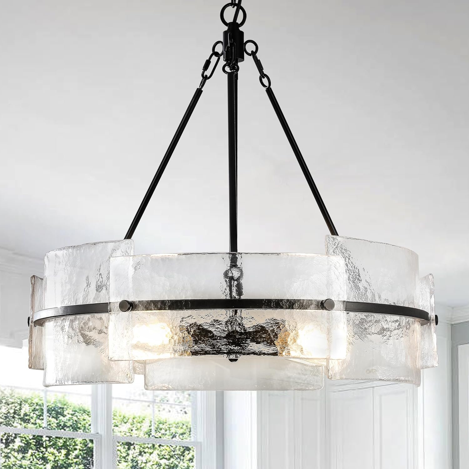 Modern Dining Room Chandelier 22” Black Textured Glass Chandelier | Luxury Drum Crystal Light Fixture Water Ripple Hanging Lighting for Dining Room Kitchen Island Living Room Bedroom Hallway